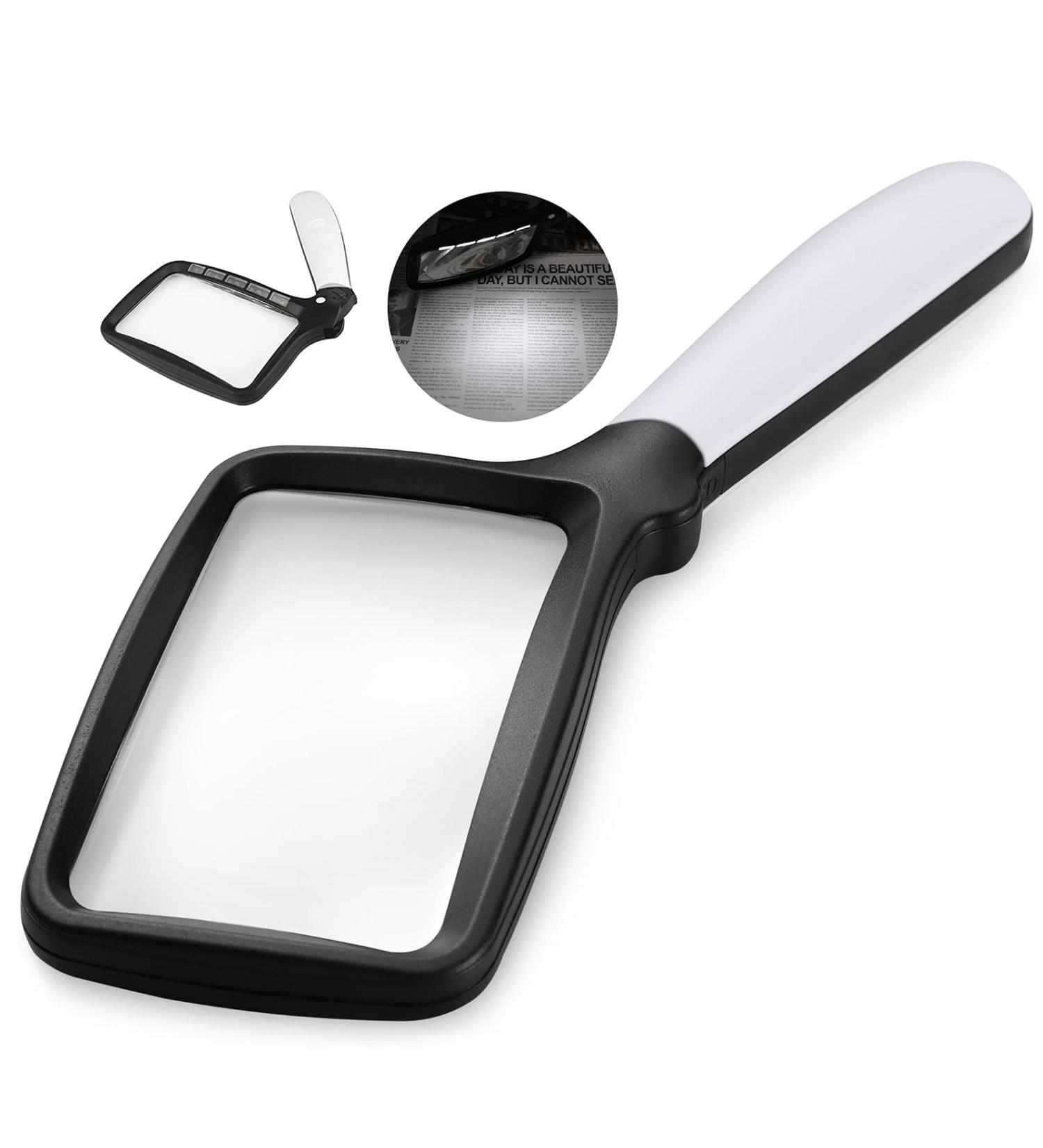 Folding Handheld Magnifying Glass with Light - 3X Large Rectangle Magnifier with Dimmable LED for Seniors and Low Vision - Ideal for Reading, Books, Newspapers - Great Gift for Macular Degeneration - Buy Online on GoSupps.com