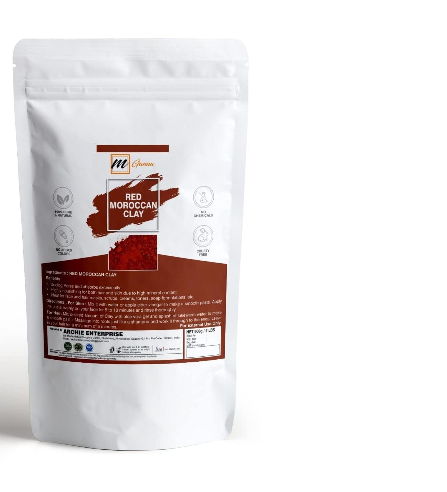 mGanna 100% Natural Moroccan Red Clay Powder 2 LBS / 908 GMS for Anti-Ageing & Skin firming Hair Masks Scrubs Creams and Soap Making - Buy Online on GoSupps.com