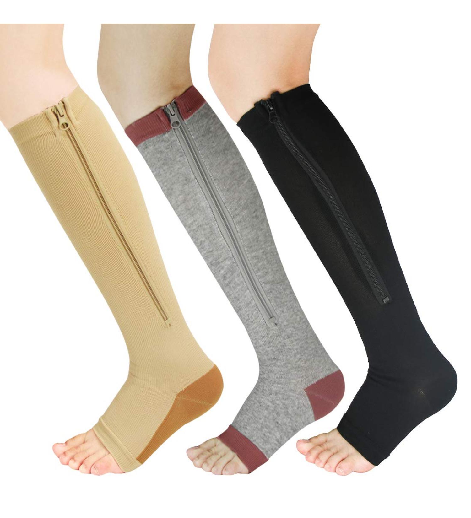 3 Pairs Zipper Compression Socks for Women - Open Toe Toeless Knee High Support Stockings (Black Brown Gray) - L/XL - Easy On & International Shipping - Buy Online on GoSupps.com
