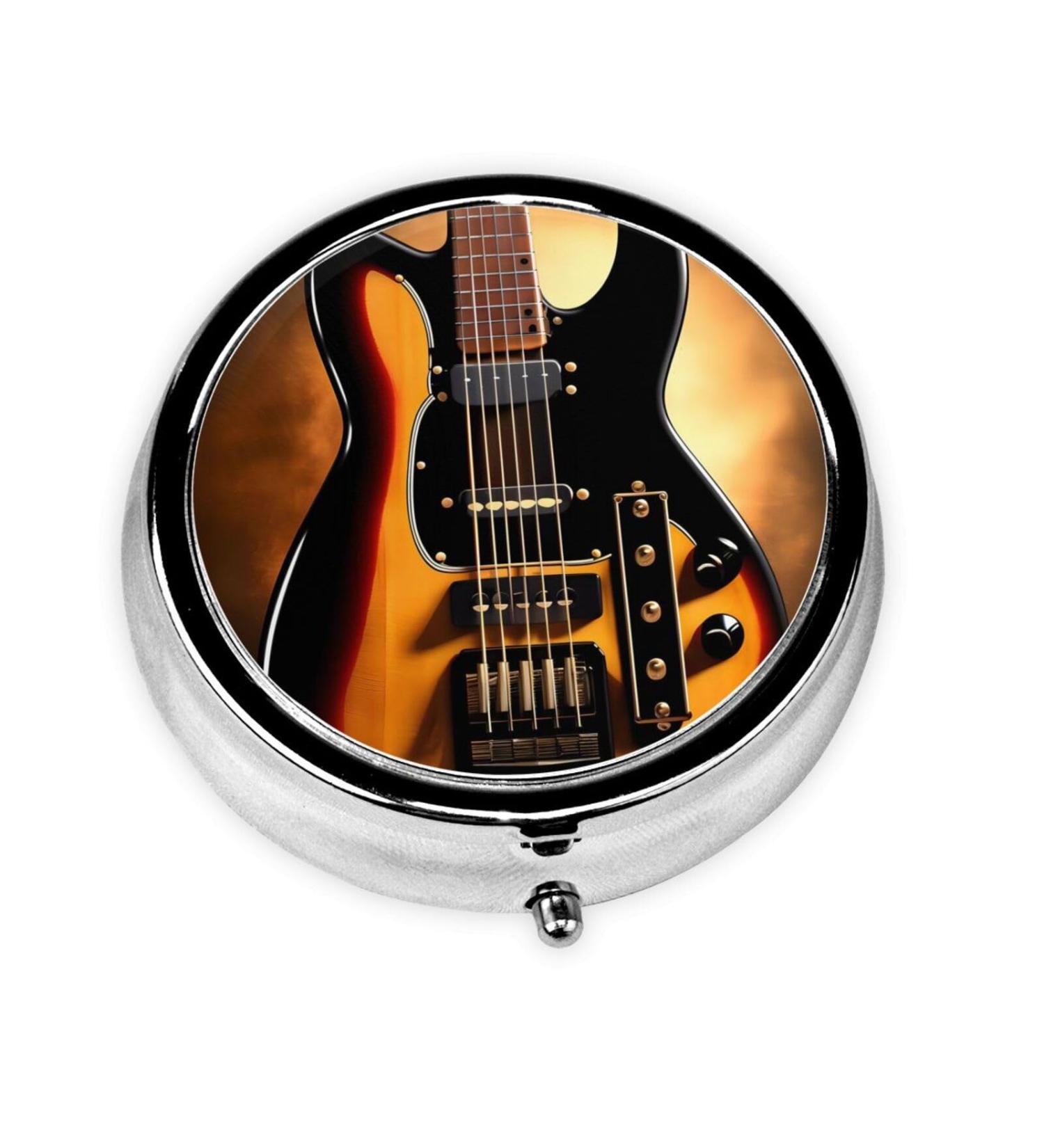 Portable 3 Compartment Round Pill Box Organizer - Instrumental Guitar Design for Travel | International Shipping Available - Buy Online on GoSupps.com