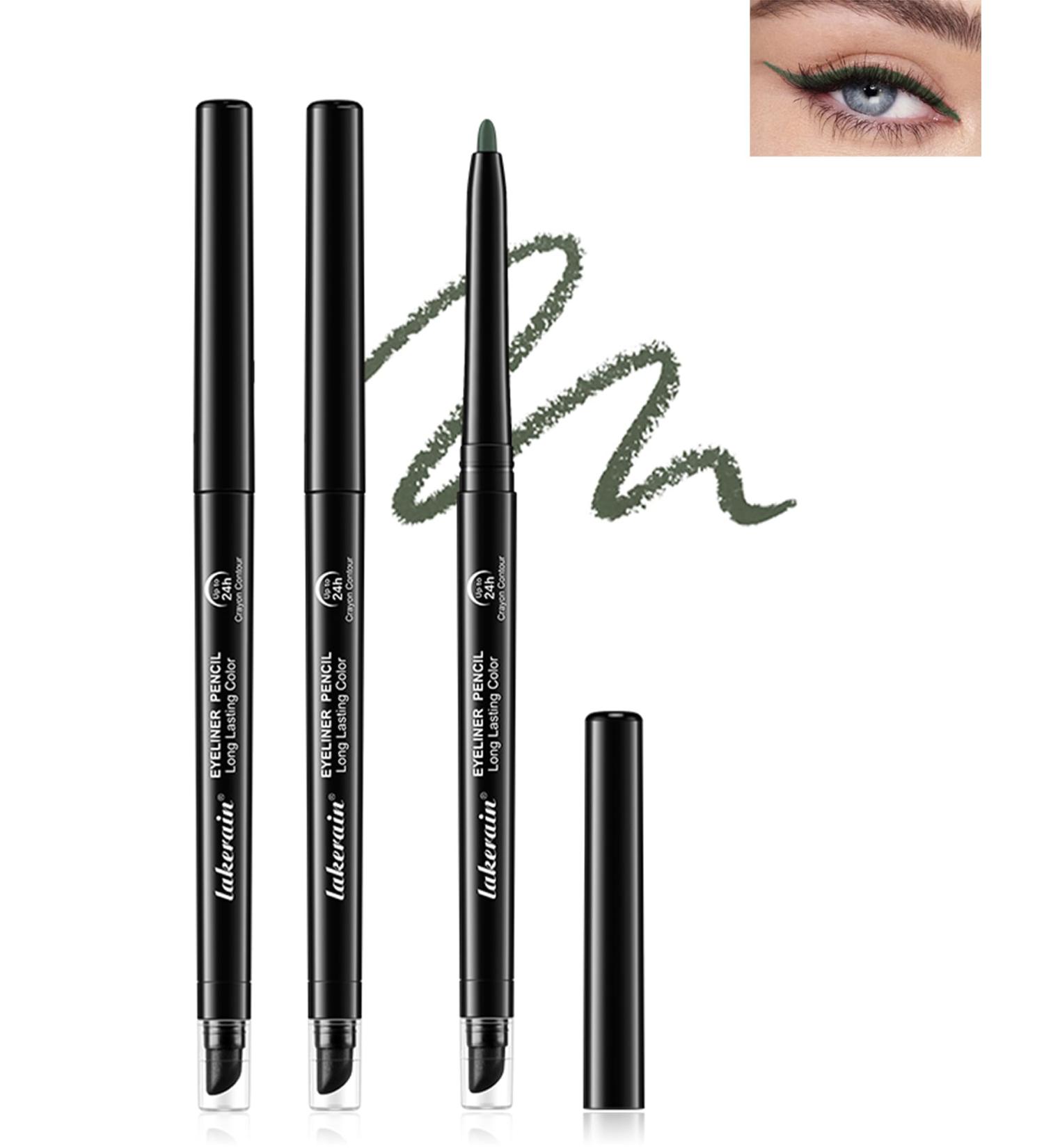 Dark Green Waterproof Eyeliner Pencil 2Pcs Smudge Proof Long Lasting Gel Eyeliner Creamy Waterline Eyeliner Highly Pigmented Micro-Fine Retractable Eyeliner with Built-In Sharpener & Smudger-06 06 Dark Green - Buy Online on GoSupps.com