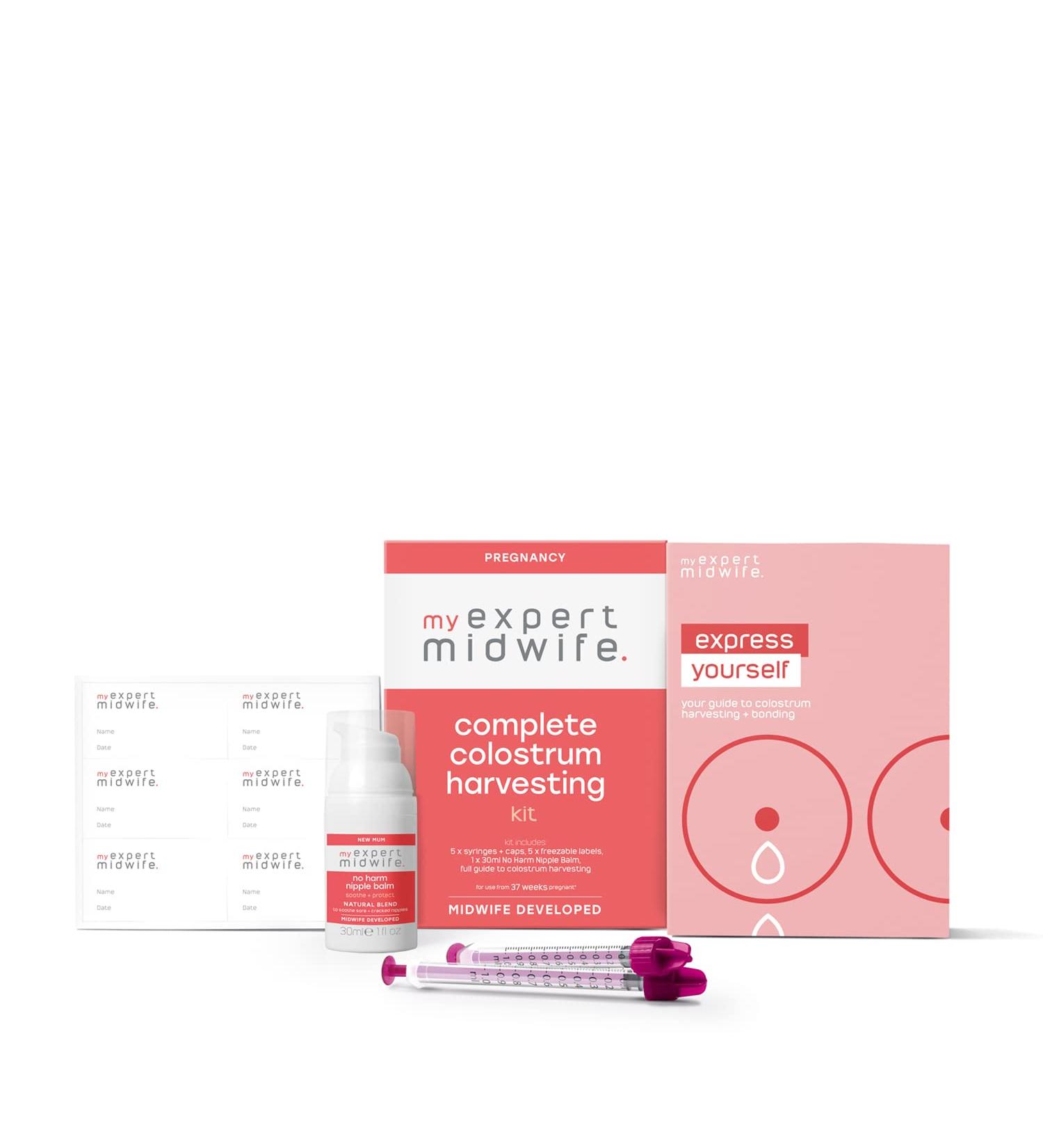 My Expert Midwife Colostrum Harvesting Kit: 5 Syringes, Freezable Labels, Nipple Balm, Complete Guide - Buy Online on GoSupps.com
