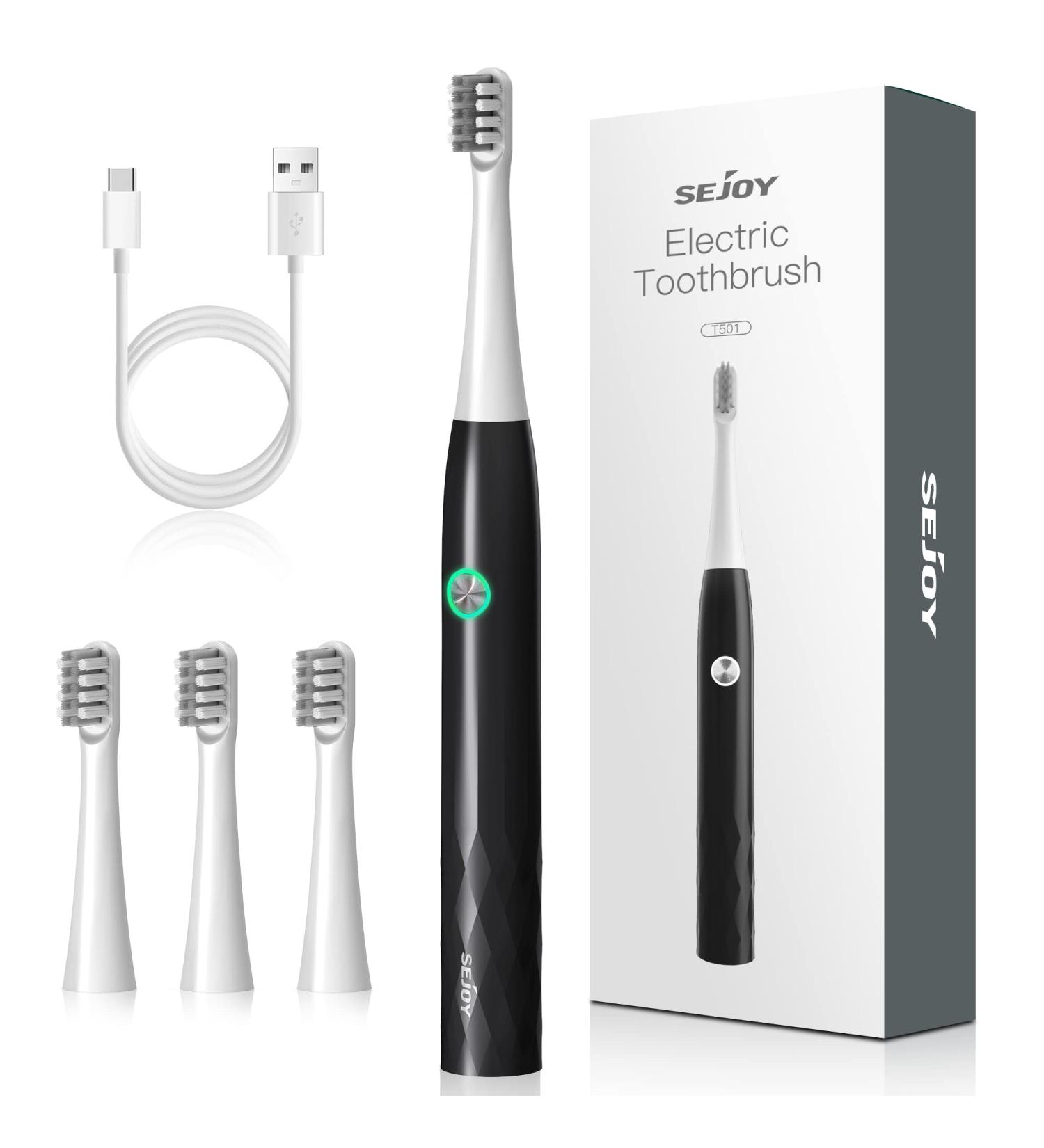 Sejoy Rechargeable Electric Toothbrush with 4 Brush Heads - 3 Modes, Smart Timer - Black (One-Key) - Buy Online on GoSupps.com