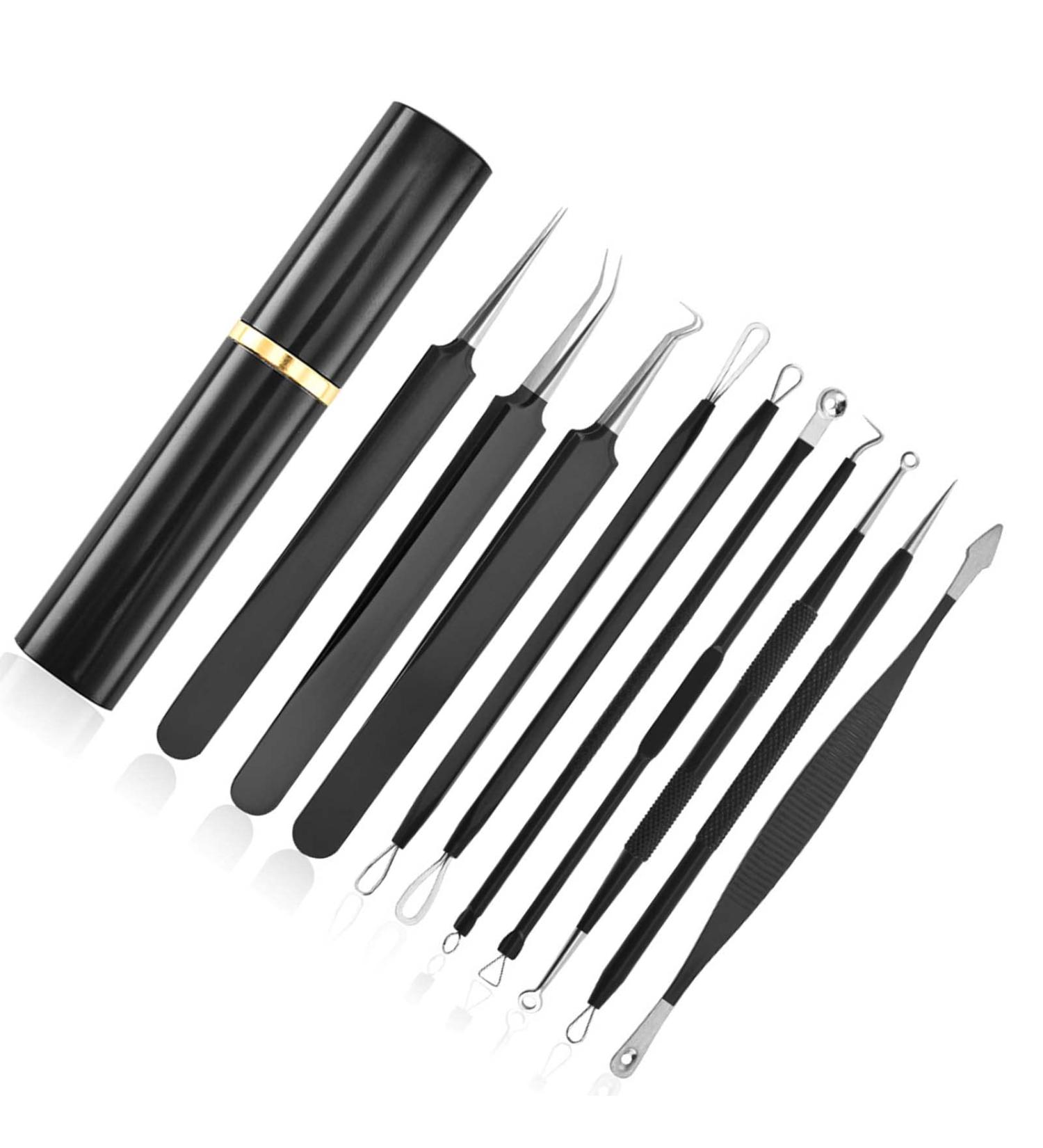 LANTRO JS Pimple Popper Tool Kit 10pcs Blackhead Remover Tool Needles Carbon Steel Comedone Extractor Tools for Removing Pimple Blackheads Zit on Face Acne Removal Kit with Case(Black) - Buy Online on GoSupps.com