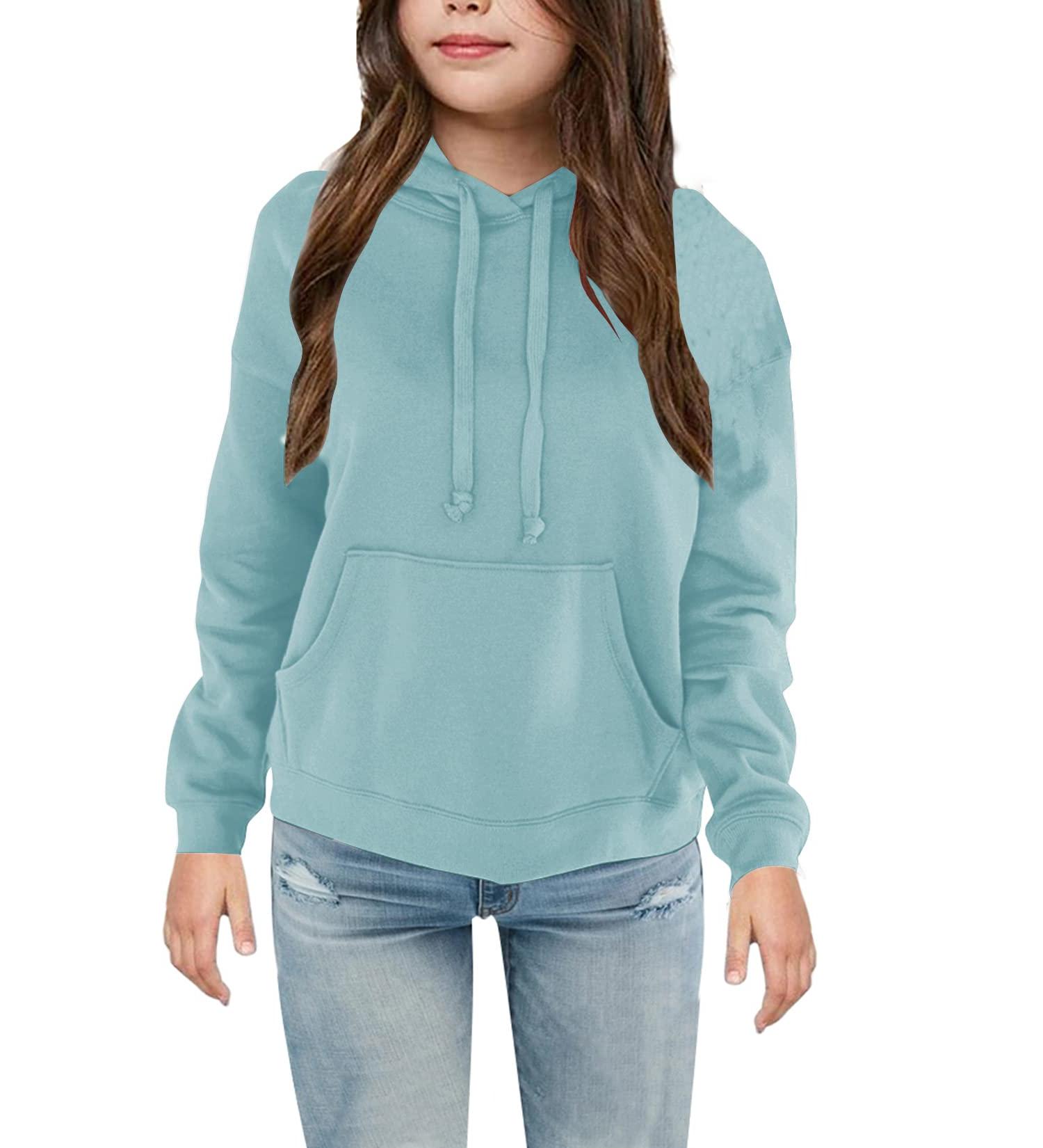 Bingerlily Girls Casual Hoodies | Lightweight Long Sleeve Pullover | Solid Sweatshirt with Pocket | Light Blue 13 Years - Buy Online on GoSupps.com