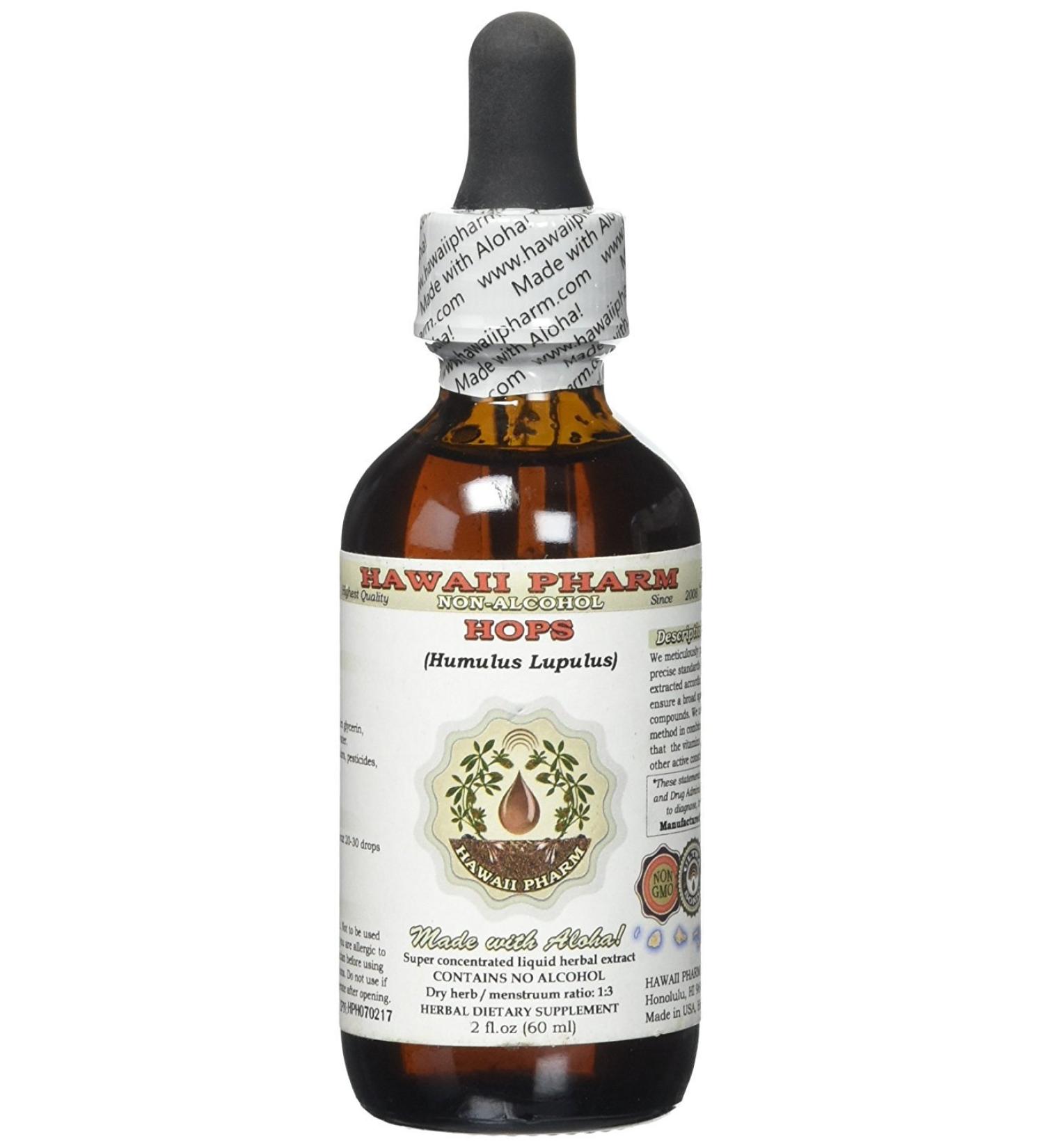 Hops Alcohol-Free Liquid Extract Organic Hops (Humulus Lupulus) Dried Flower Glycerite Hawaii Pharm Natural Herbal Supplement 2 oz 2 Fl Oz (Pack of 1)