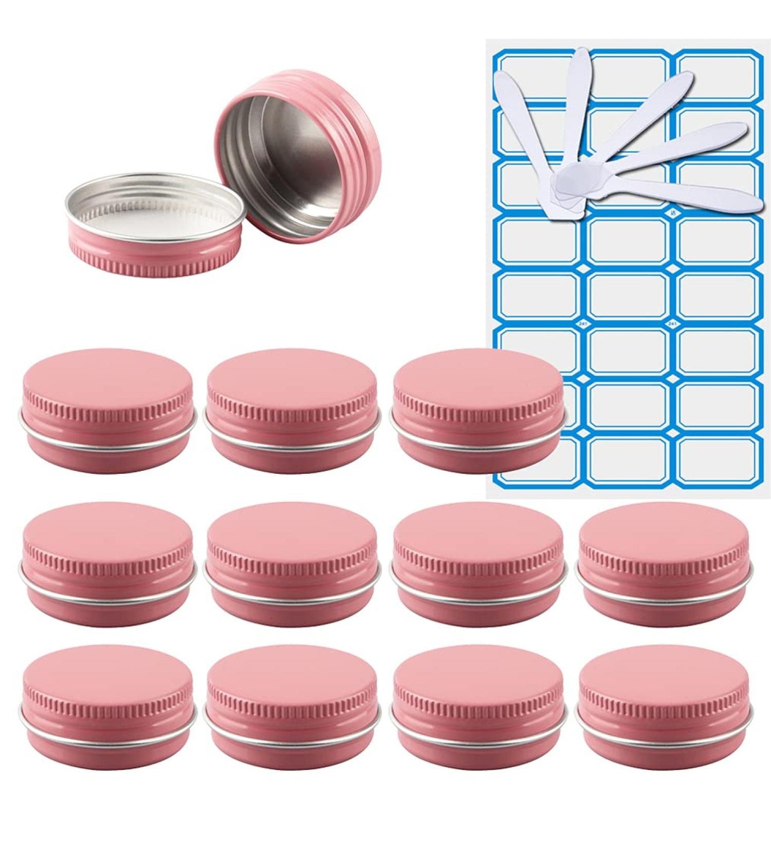 Zeoabsy 10 Pack 15ml Pink Aluminum Cream Boxes - Screw Top Cans for Cosmetics Candles & Ointments with 5x Spoons & Etiquette Labels - Ideal for International Shipping - Buy Online on GoSupps.com