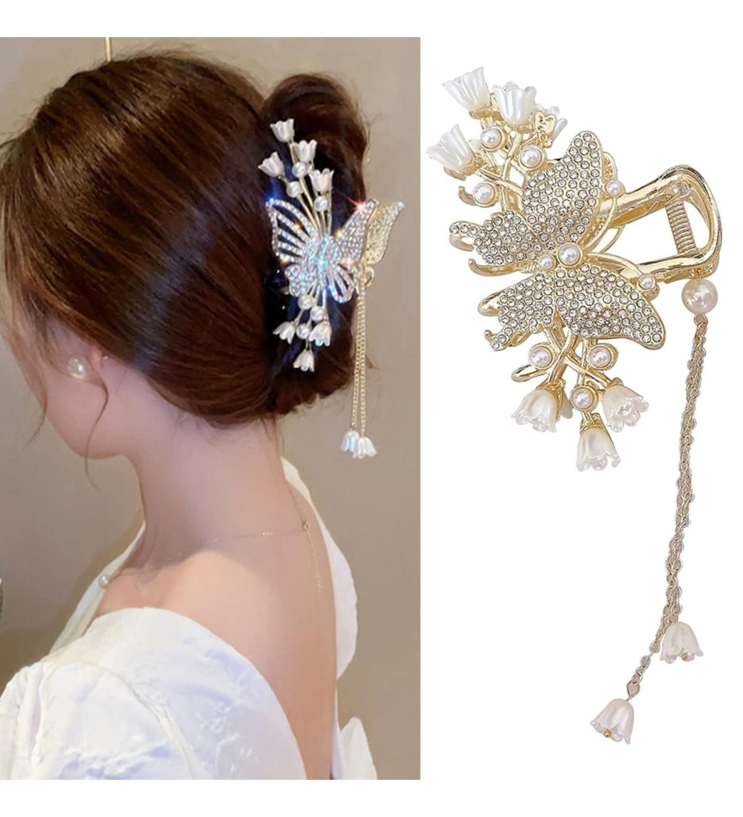 Golden Butterfly Flower Hair Clips with Tassels - Hair Accessories for Girls and Women - Buy Online on GoSupps.com