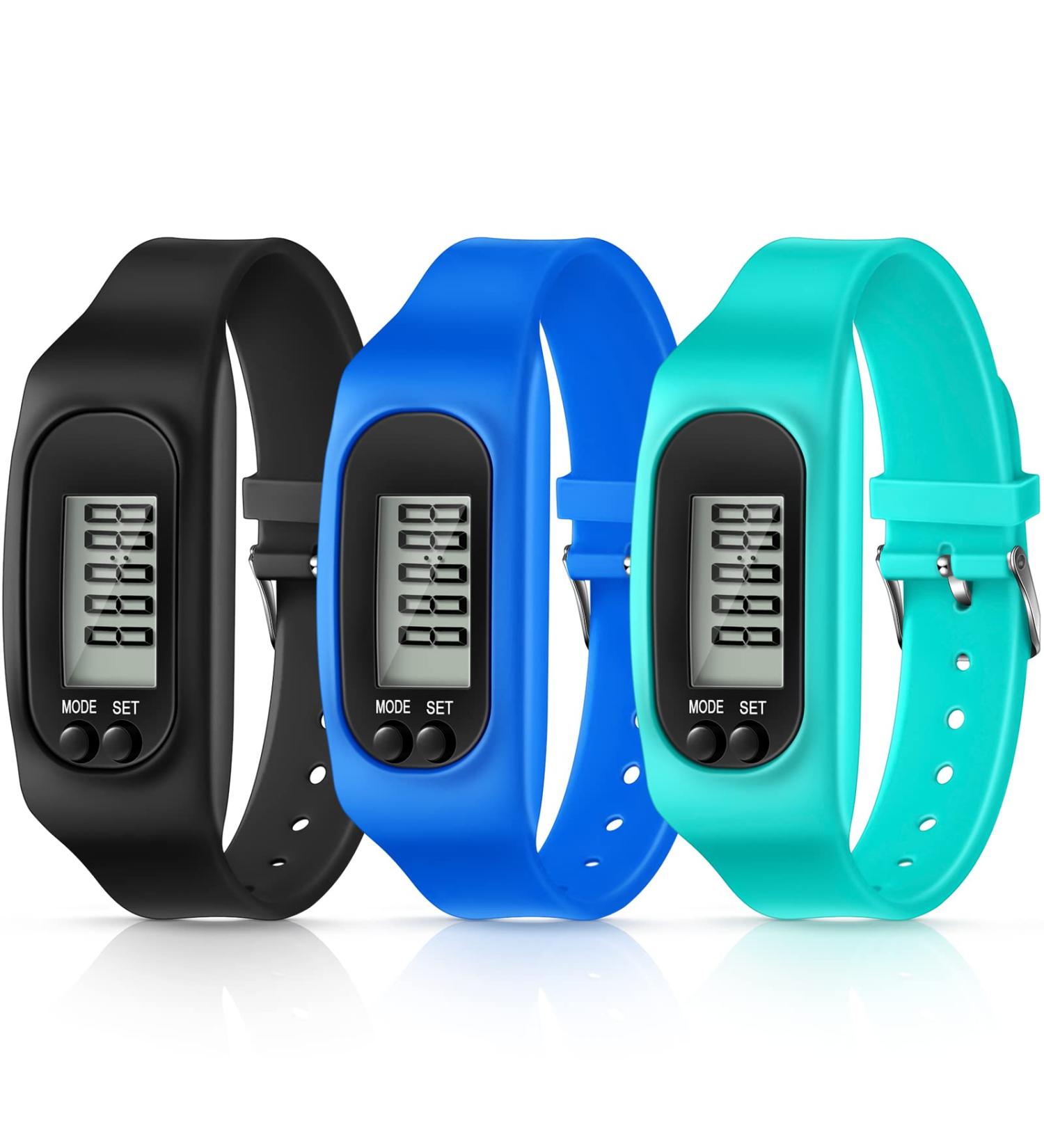 Silicone Fitness Tracker Watch 3 Pcs - Step Counter & Calorie Burner Bracelet Set in Mint Green, Sky Blue, Black - for Men, Women, Kids - Buy Online on GoSupps.com