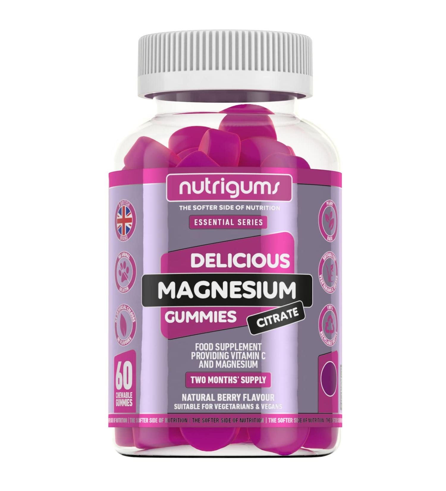 NUTRIGUMS High Strength Magnesium Citrate 1250mg & Vitamin C Gummy | 60 Vegan Gummies | Mixed Berry Flavour | Energy & Bone Support - Buy Online on GoSupps.com