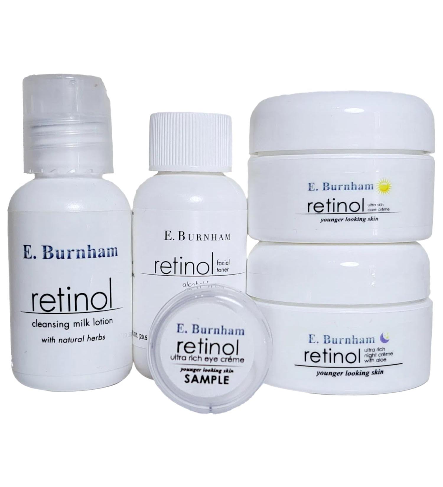 E. Burnham Retinol Beauty Trial/Travel Kit 5 Piece Set with Retinol Cleansing Milk Lotion Face Toner Night Cream Eye Cream and Day Cream
