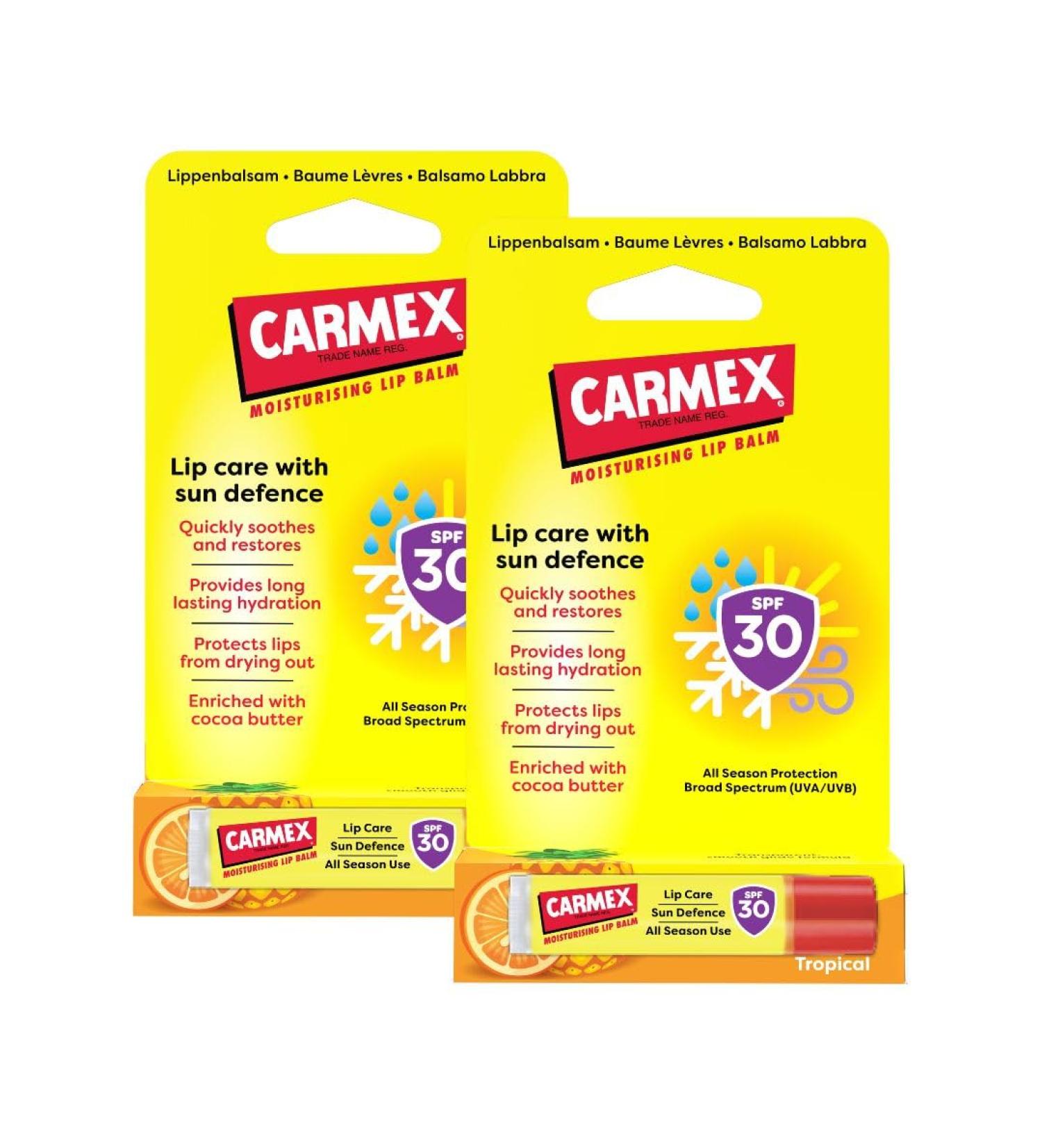  Carmex Carmex Tropical Sun Defense Moisturizing and Soothing Lip Balm with SPF 30 Sun Protection 2-Pack Cocoa Butter - Buy Online on GoSupps.com