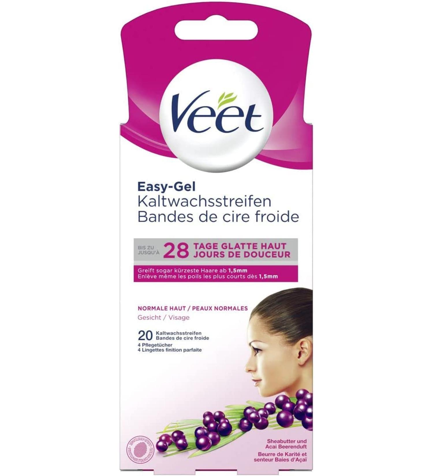 Veet Easy Gel Cold Wax Strips for Normal Skin - Face Application - 28 Days Smooth Skin - 10 Double Strips (20 Singles) - Minimal Ingredients - Buy Online on GoSupps.com