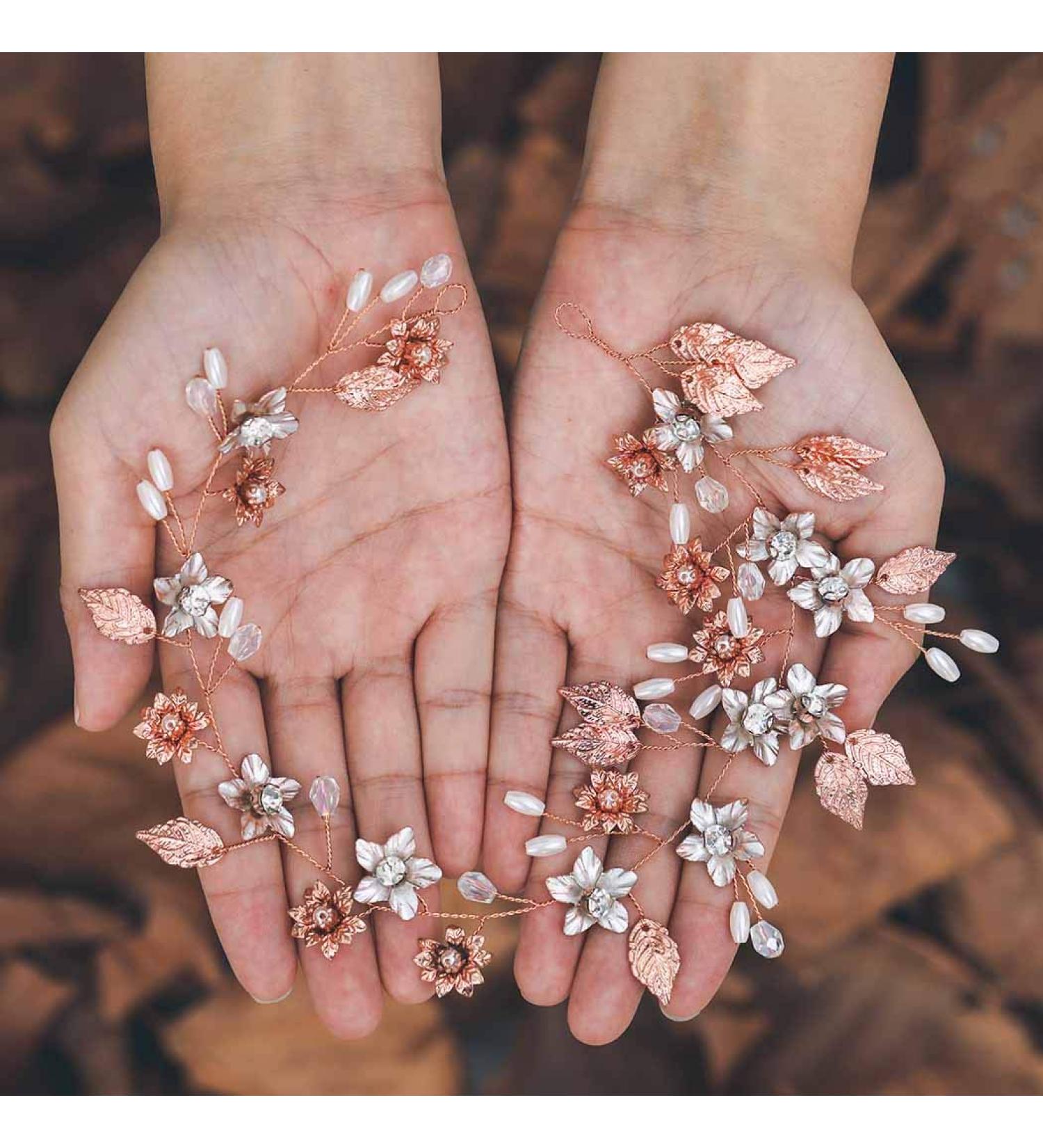 Flower Bride Wedding Hair Vine | Leaf Bridal Hair Accessories | Pearl Headband for Women and Girls - Rose Gold - Buy Online on GoSupps.com