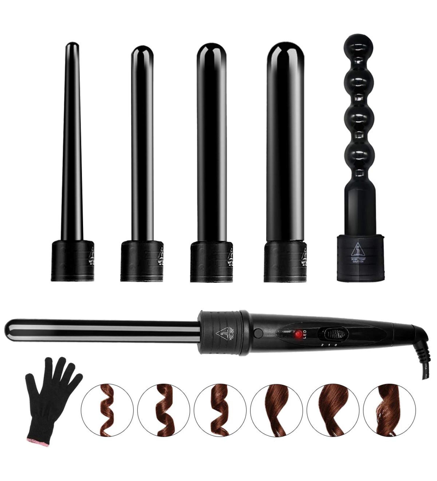 6 in 1 Curling Iron Wand Set - Interchangeable Ceramic Barrels & Heat Protective Glove - Perfect for International Shipping - Buy Online on GoSupps.com