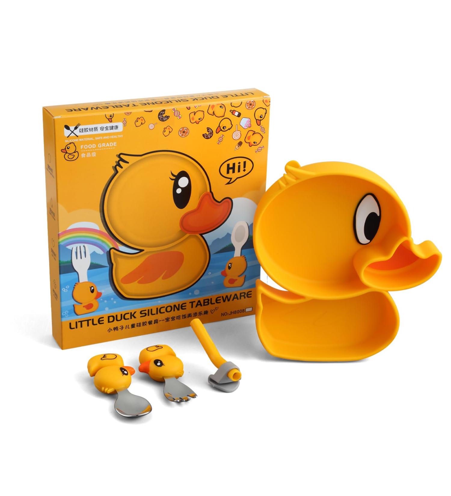 BEWOS Yellow Duck Baby Weaning Set - 4 PCS Baby Cutlery & Feeding Set | Suction Plate, Stainless Steel Fork & Spoon | Ideal Gift for Babies - Buy Online on GoSupps.com