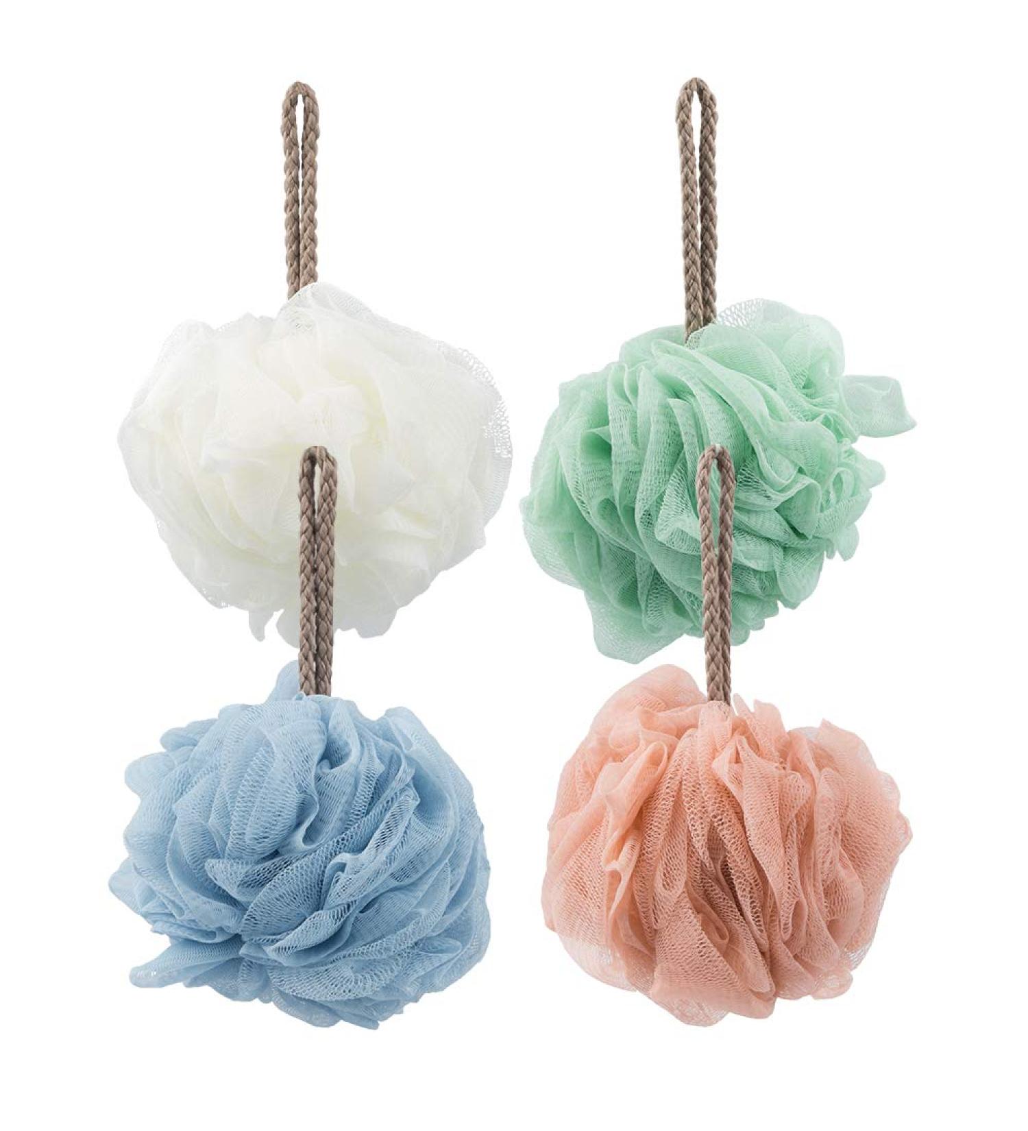 4 Pack Extra Large Bath Loofah Sponge Set - Mesh Pouf Scrubber for Shower, Pink White Blue Green - Buy Online on GoSupps.com