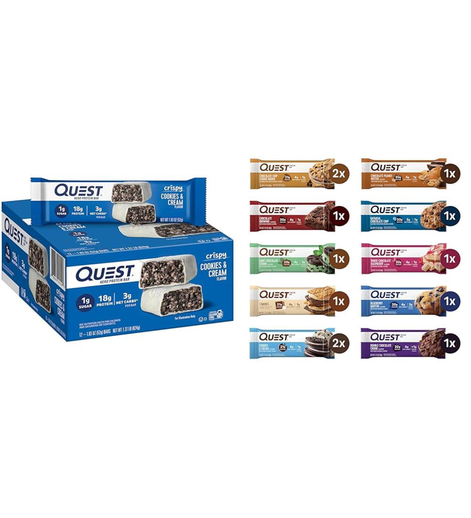 Quest Protein Bar Bundle with Cookies & Cream and Variety Packs 18g and 20-21g Protein Gluten Free - Buy Online on GoSupps.com