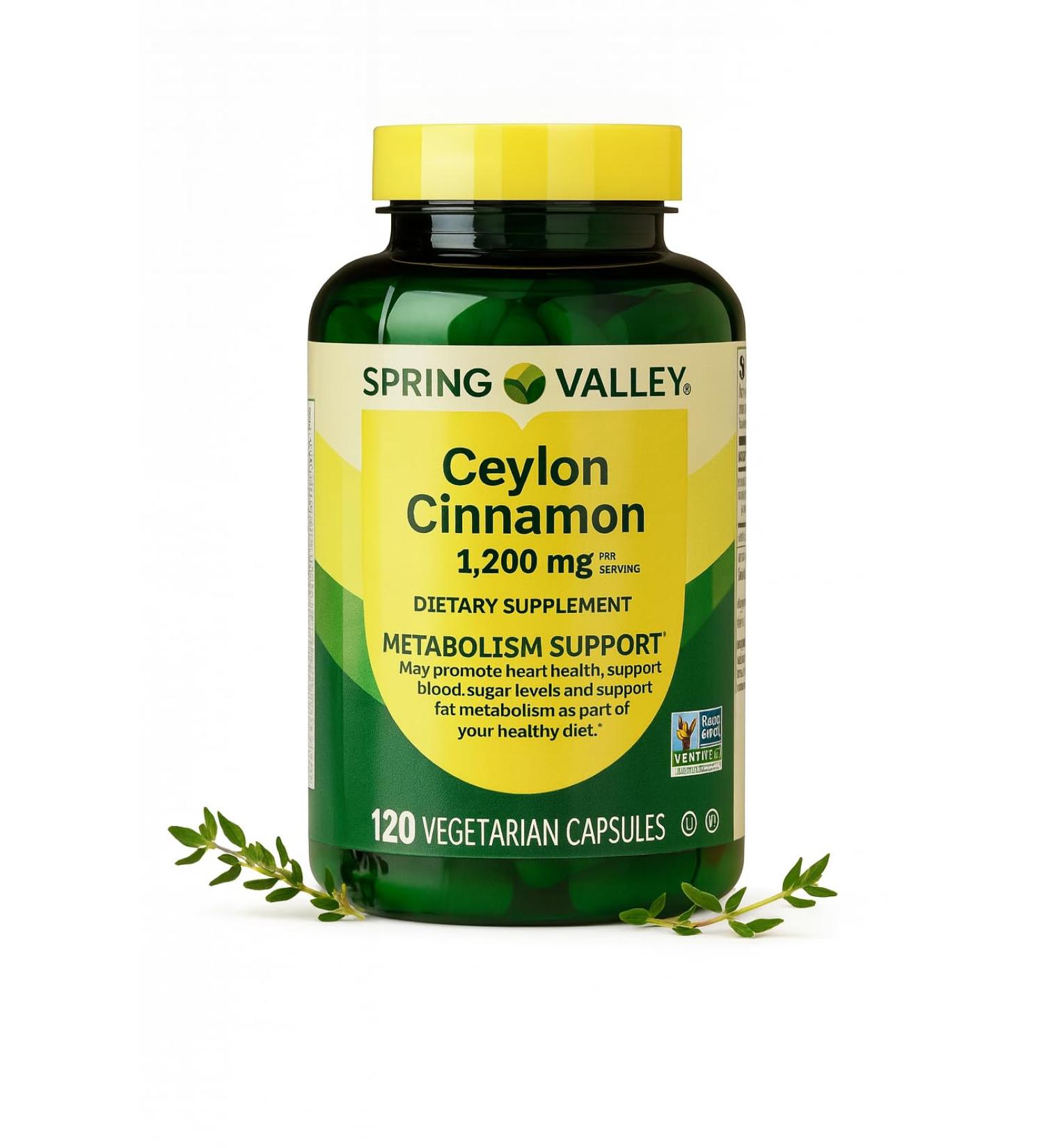Spring Valley Ceylon Cinnamon Metabolism Support Dietary Supplement Vegetarian Capsules 1 200 mg Non-GMO Gluten Free - 20 Count