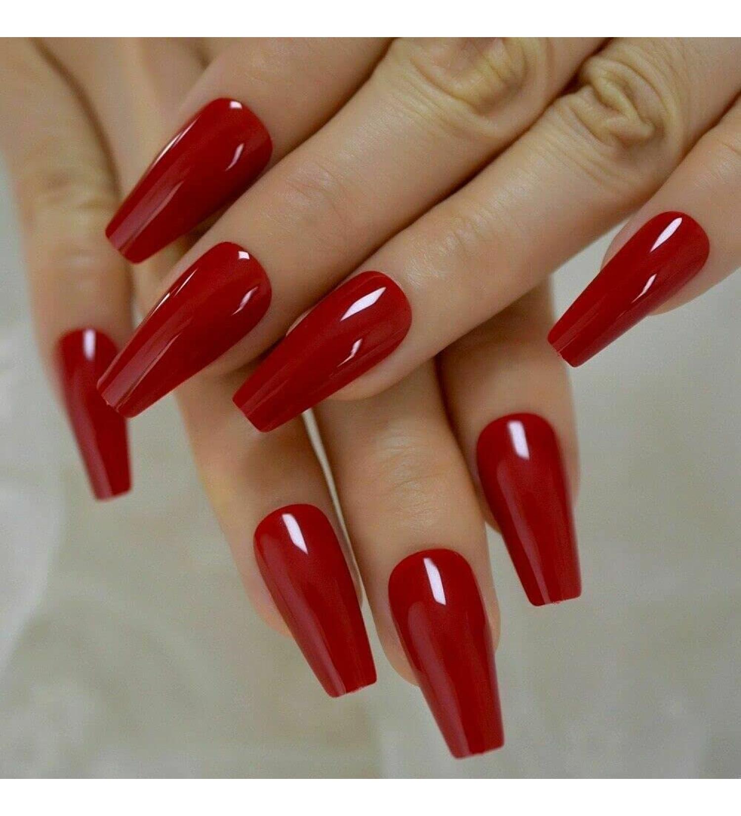 A N K 24 pieces Long Coffin Bellarine Tapered full coverage glossy false Nails Fake Arcylic press on nails hand manicure for women and girls (red)