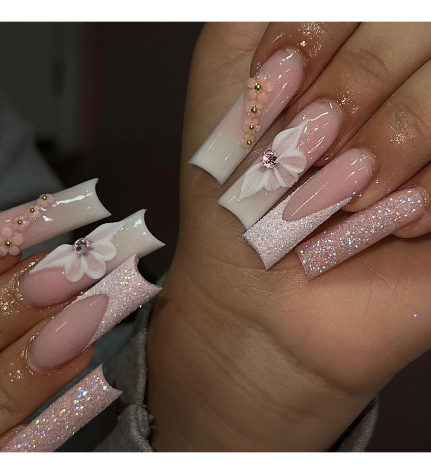 Long French Tip Press on Nails Silver Edge Sparkling Pink Flower Gradient Rhinestones False Nail Armor Press On Nails with Nail Tips press on nails Acrylic False Nails Cute Artificial Nails - Buy Online on GoSupps.com