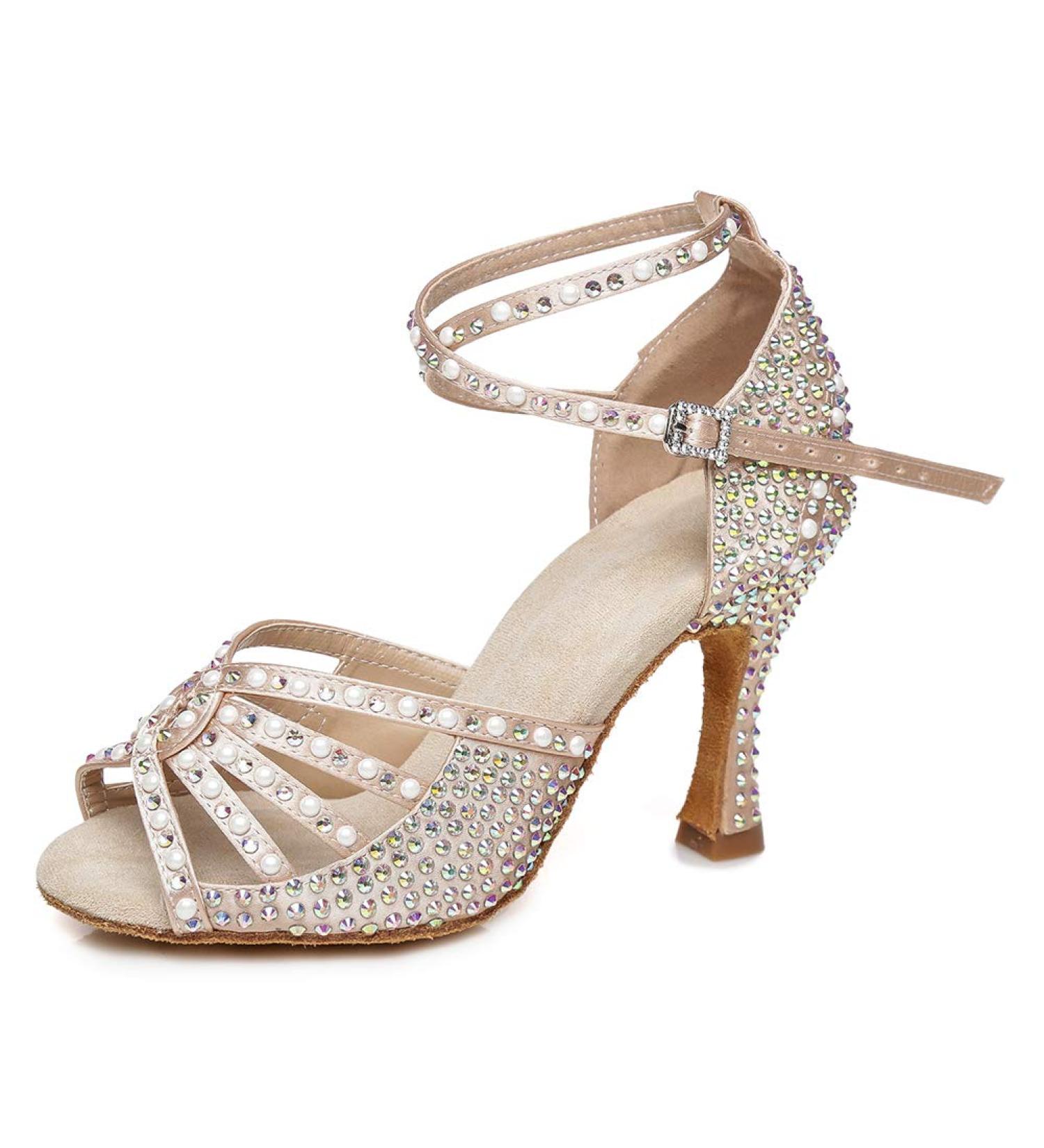 JUODVMP Women's Rhinestone Latin Dance Shoes Satin Ballroom Salsa Performance Shoes - Nude, 3 Inch Heel - Buy Online on GoSupps.com
