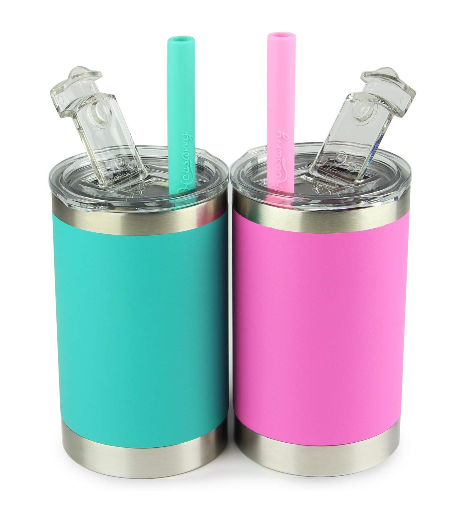 Housavvy 12 Oz Kids Tumblers | Spill-Proof Insulated Stainless Steel Cups with Lids & Straws | BPA-Free Toddler Smoothie Cups in Olive Green/Hot Pink - Buy Online on GoSupps.com