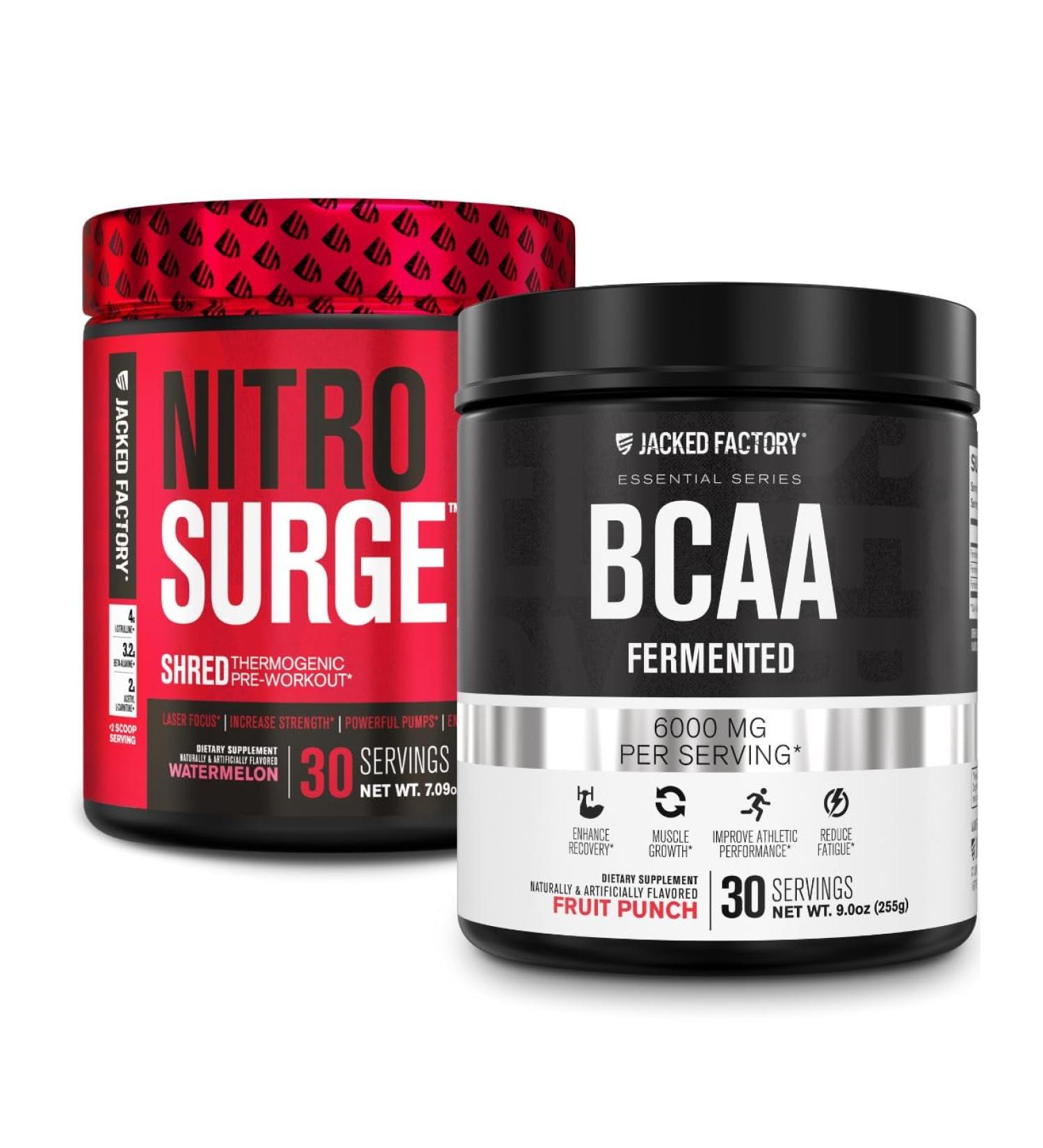 Jacked Factory Nitrosurge Shred Thermogenic Pre-Workout in Watermelon & BCAA in Fruit Punch for Body Recomposition Muscle Building and Recovery - Buy Online on GoSupps.com