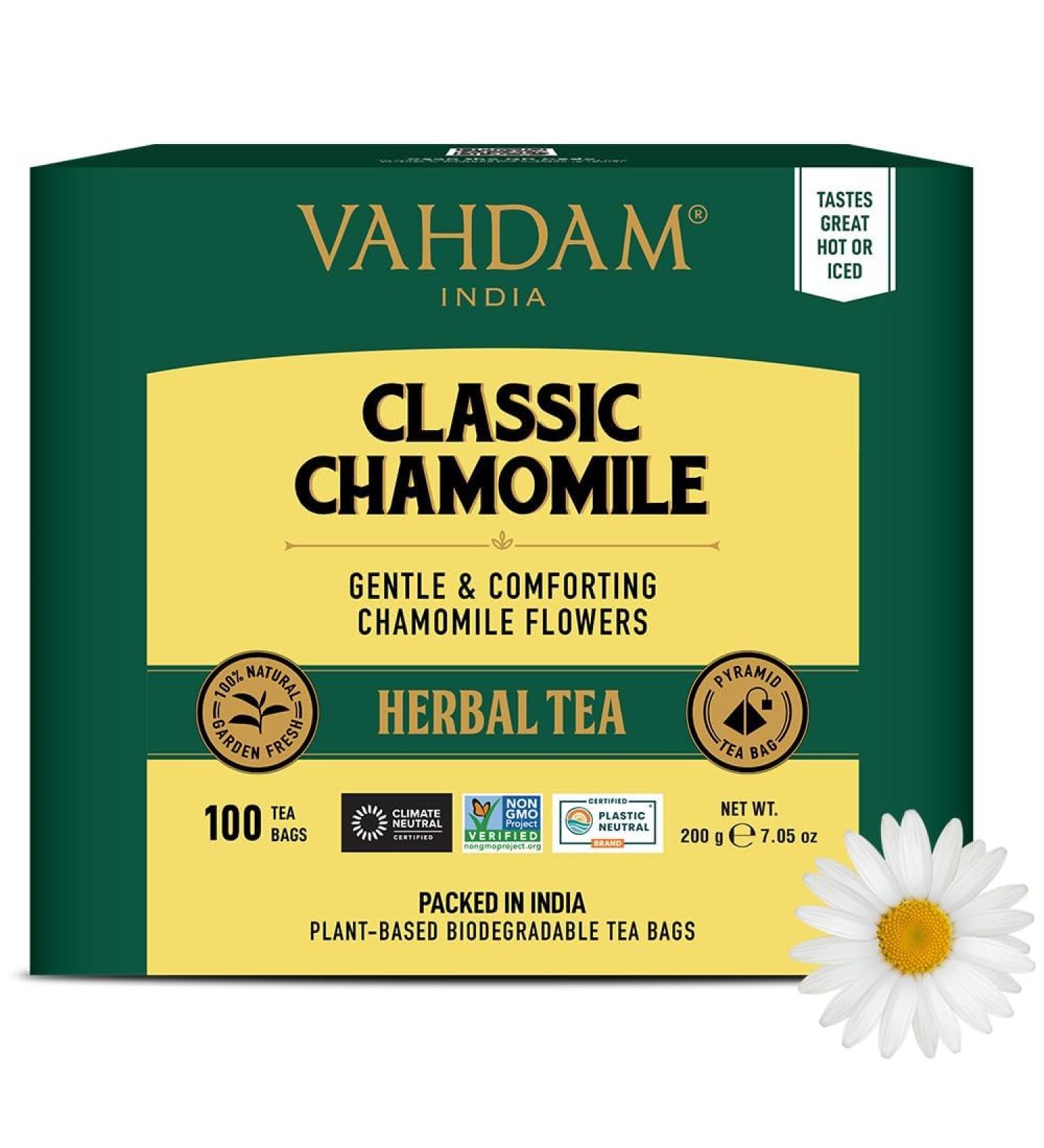 Vahdam Classic Chamomile Herbal Tea Bags (100) - Caffeine-Free 100% Natural Ingredients | Premium Herbal Tea with Floral Flavor - Buy Online on GoSupps.com
