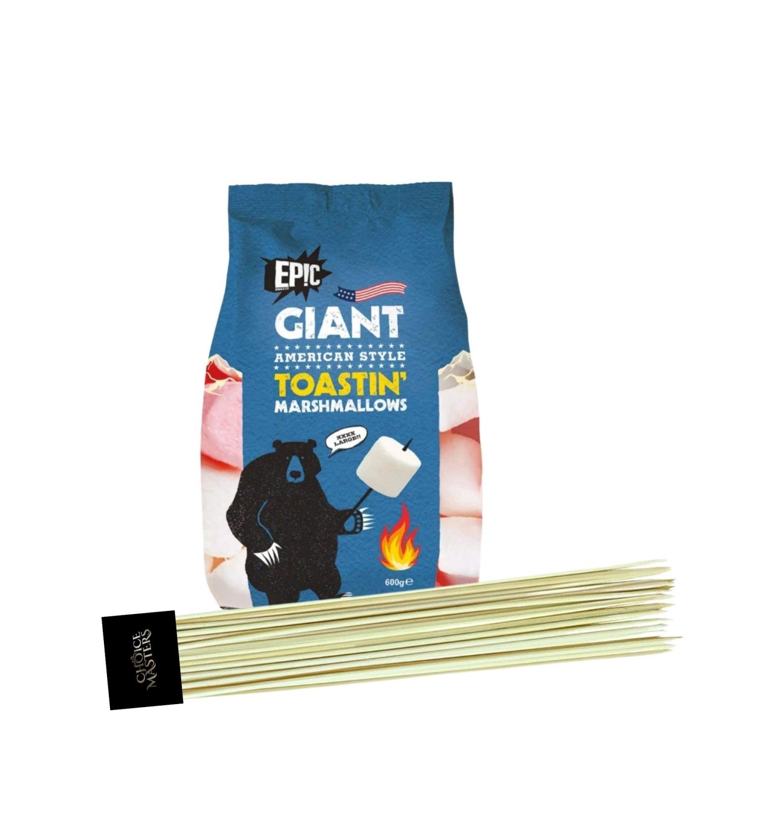 Giant American Marshmallow Toasting Kit: 500g Epic Roasting Marshmallows & 80 Bamboo Skewers - Buy Online on GoSupps.com