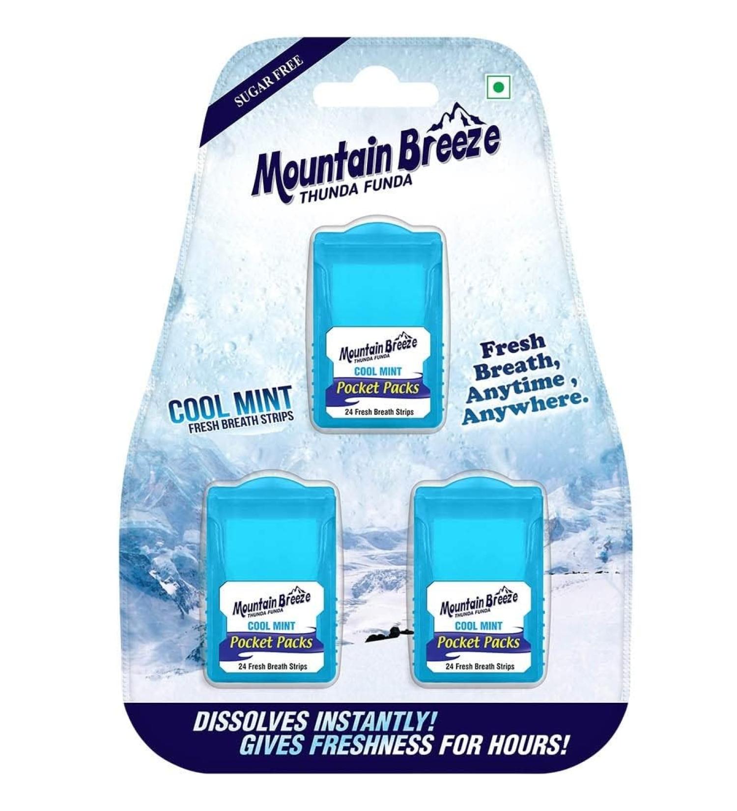 Mountain Breeze Oral Hygiene Mouth Freshener Sugar Free Cool Mint Flavoured Breath Strips (24 Strips Each Cassatte)-Pack of 1(3 Cassette) New - Buy Online on GoSupps.com