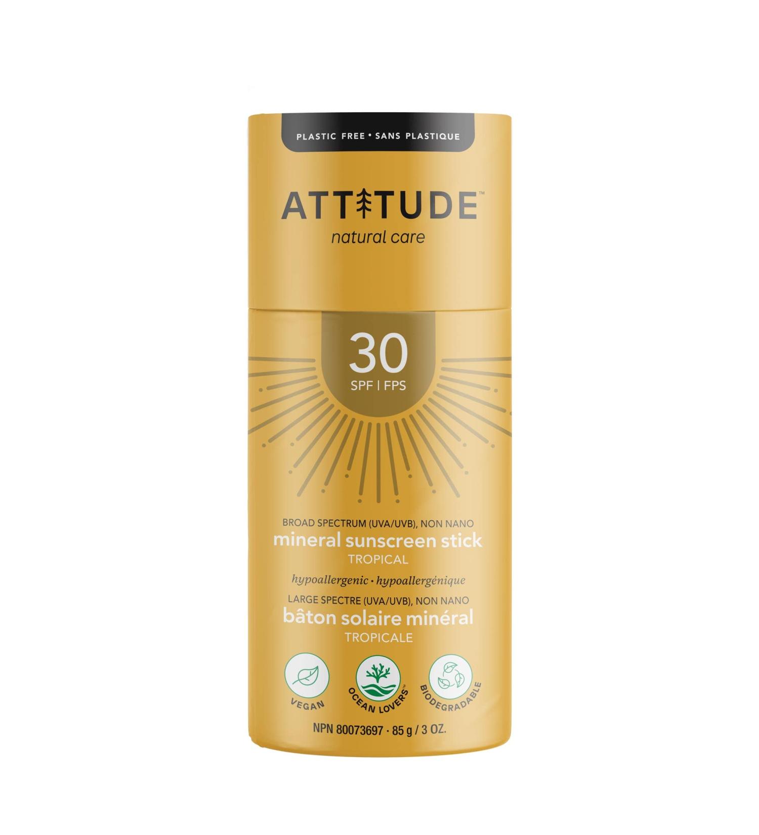 ATTITUDE Sunscreen Stick SPF 30 - Broad Spectrum UVA/UVB Protection Vegan Cruelty-Free Plant-Based Sun Care Tropical Scent - 3 oz - Buy Online on GoSupps.com