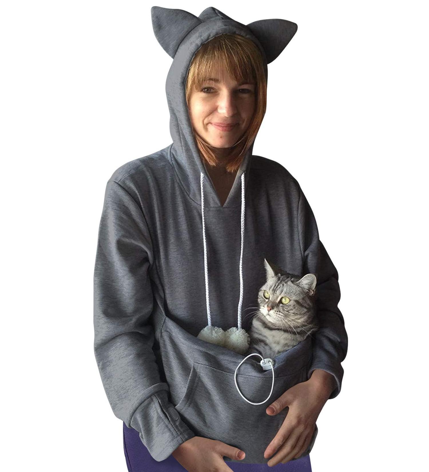 Buy Dresswel Women's Hooded Sweater with Dog & Cat Bag - Dark Gray Autumn Winter Hoodie - Buy Online on GoSupps.com