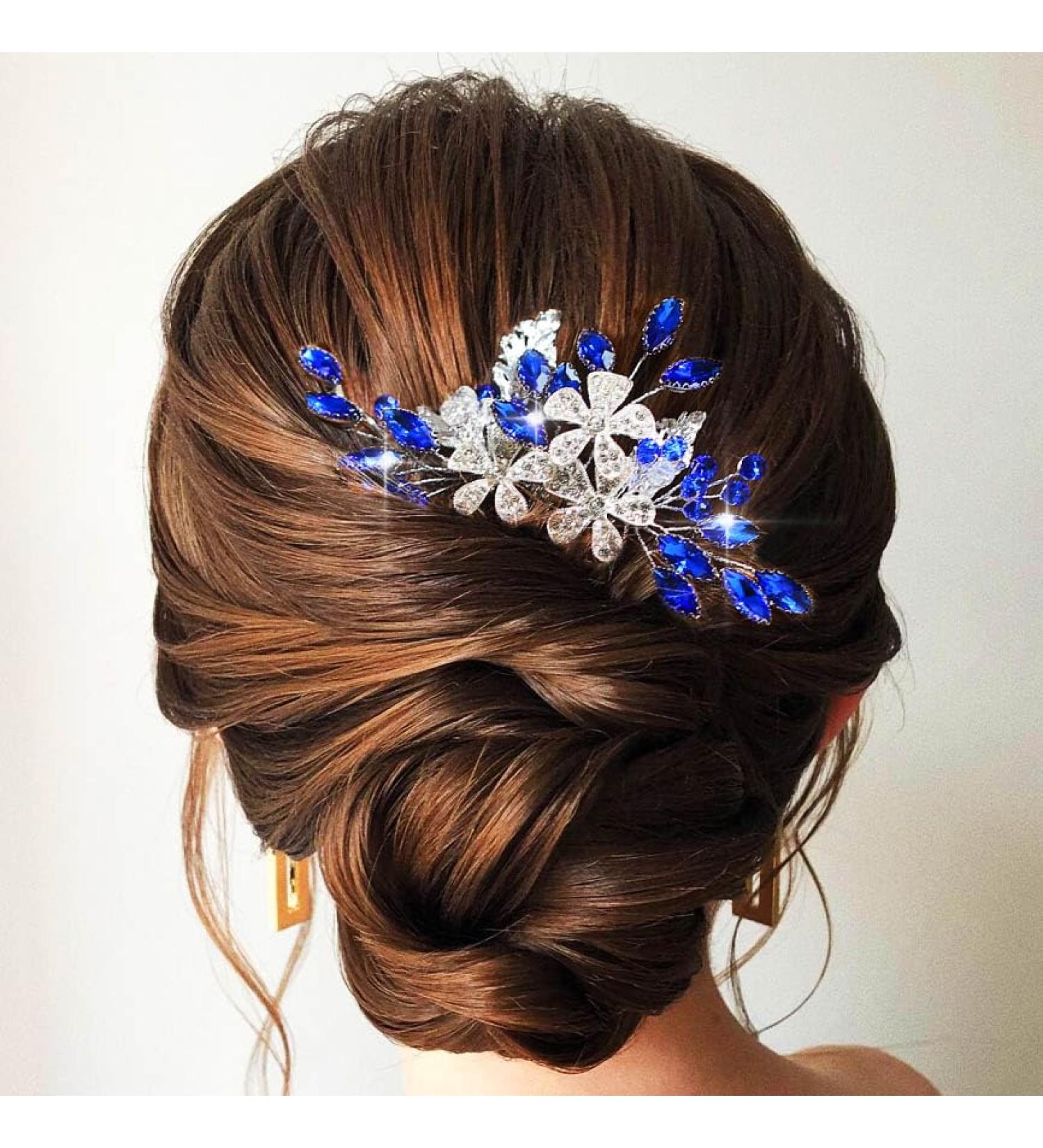 Flayem Wedding Hair Side Comb Bridal Blue Rhinestone Headpieces Flower Leaf Hair Comb Bride Bridesmaid Hair Accessories for Women - Buy Online on GoSupps.com