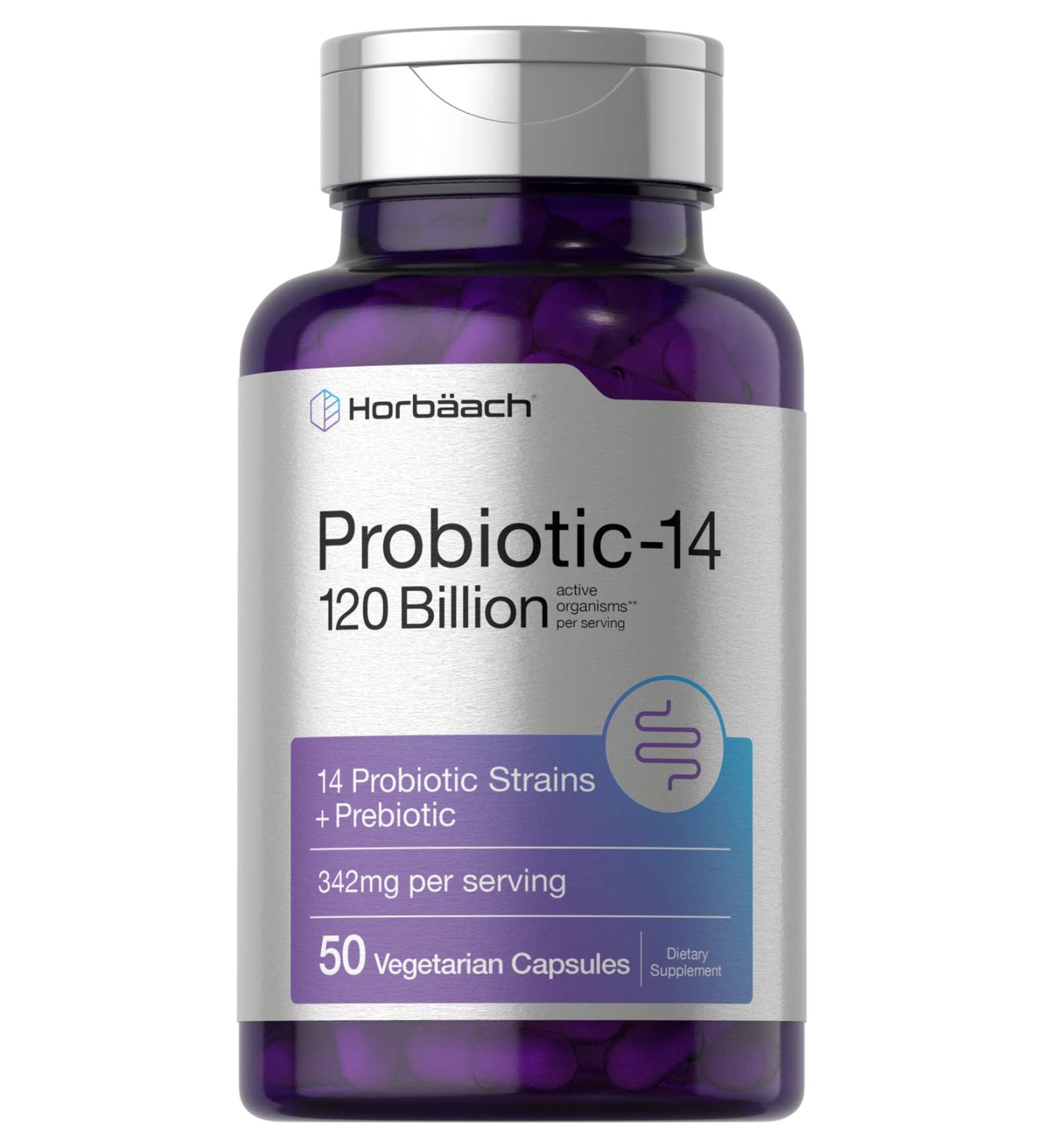 Horb ach Probiotics 120 Billion CFU | 14 Strains with Prebiotics | for Women & Men | 50 Capsules | Vegetarian Non-GMO & Gluten Free Supplement - Buy Online on GoSupps.com