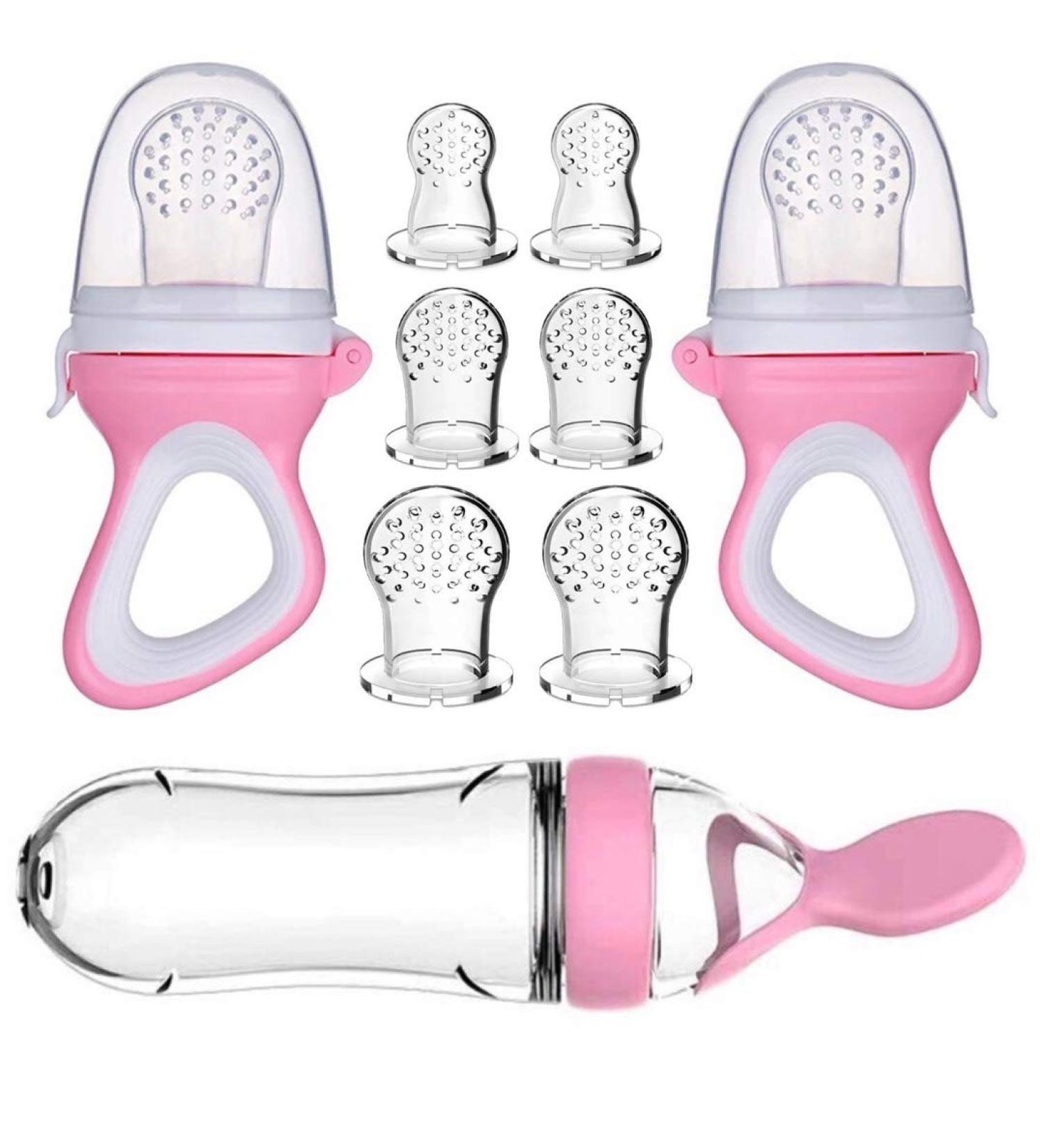 Baby Food Feeder Fresh Food - 2 Pack Fruit Feeder Pacifier Set | Silicone Pacifiers & Teething Toy | Baby Food Dispensing Spoon | Teether Feeding Set (Light Pink) - Buy Online on GoSupps.com
