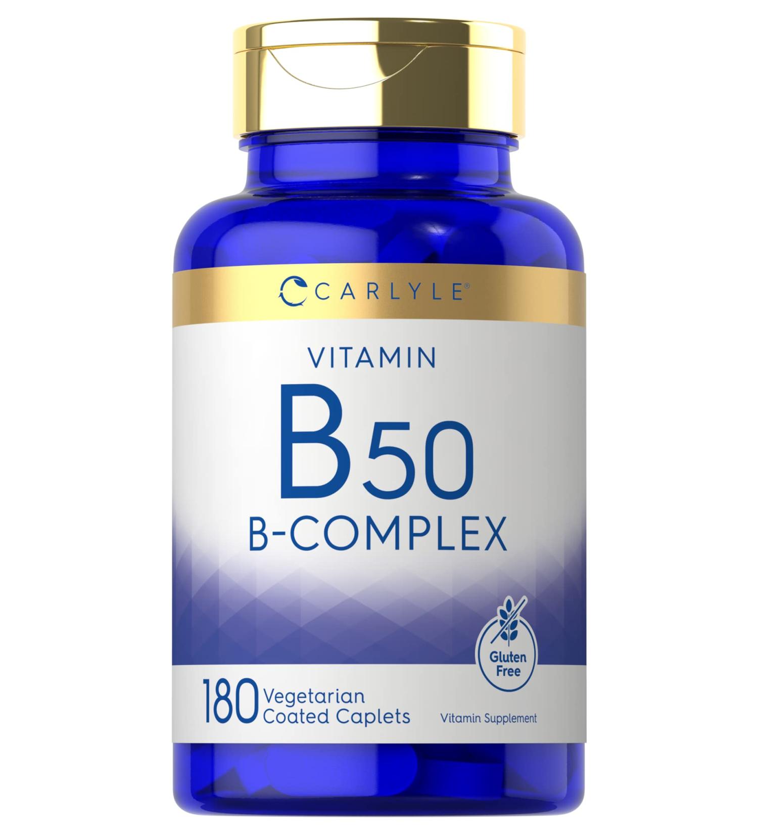 Carlyle Vitamin B50 Complex Supplement | 180 Caplets | Non-GMO, Vegetarian, Gluten Free - Buy Online on GoSupps.com