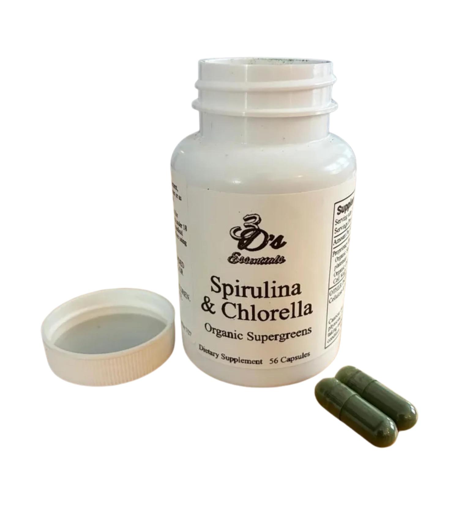 3D's Essentials Spirulina & Chlorella Organic Supergreens 56 Capsules 950mg per Serving - Buy Online on GoSupps.com