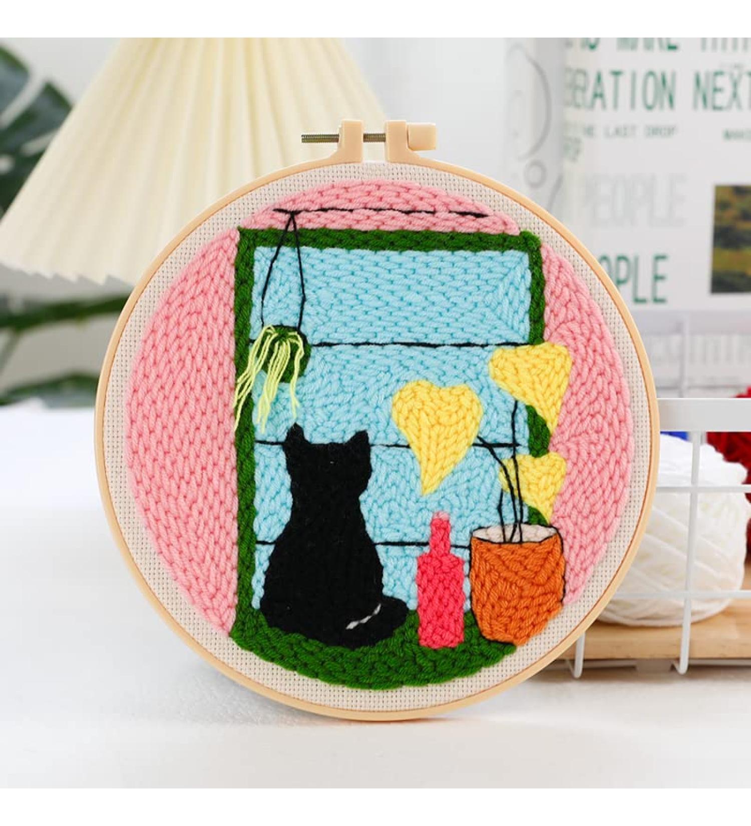 Cat at Window Punch Needle Embroidery Kit with Color Pattern and Adjustable Pen Hoop - Buy Online on GoSupps.com