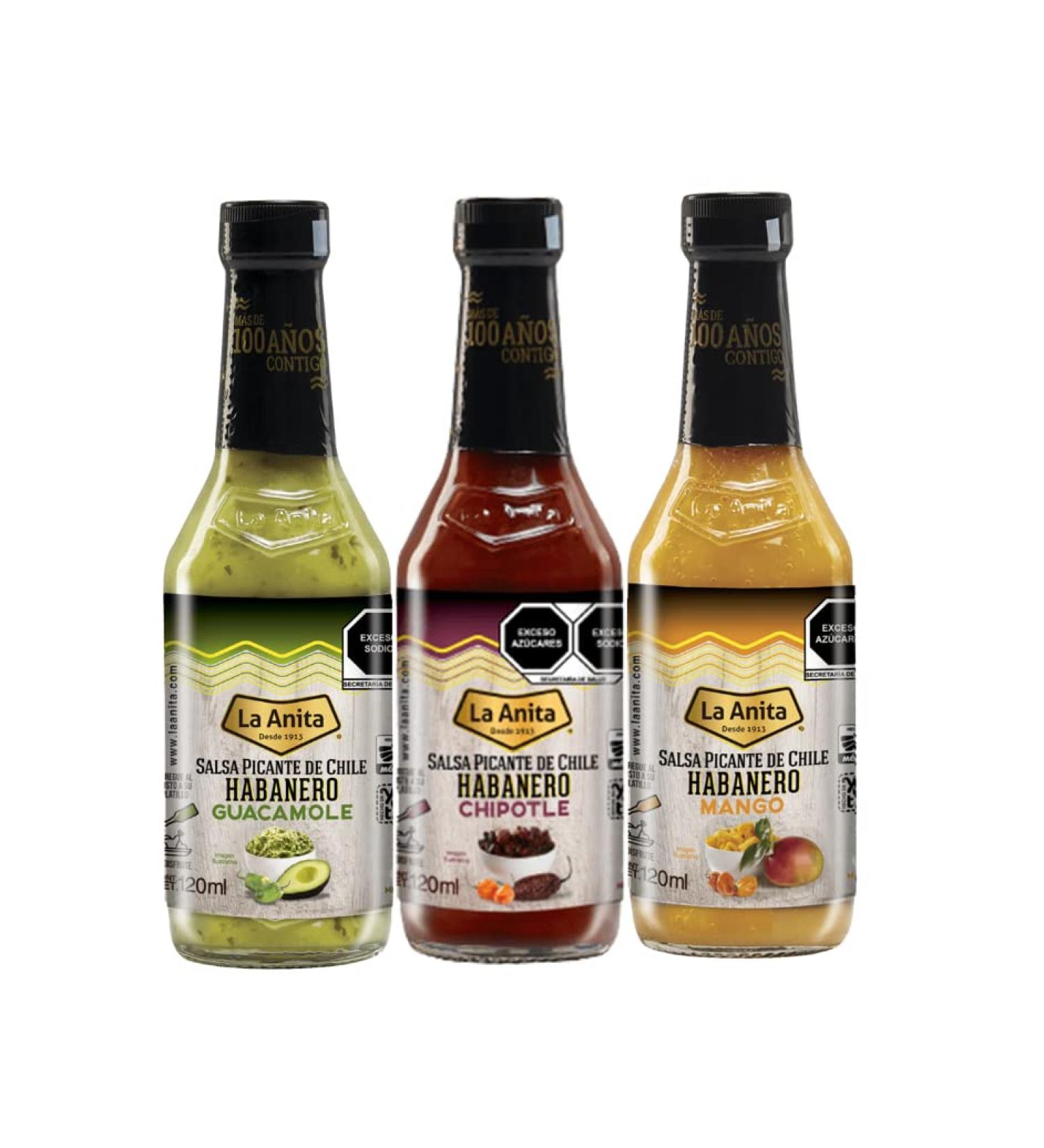 Mexican spicy sauces La Anita Habanero Chipotle habanero Guacamole and habanero Mango Sauce Mix 120ml each