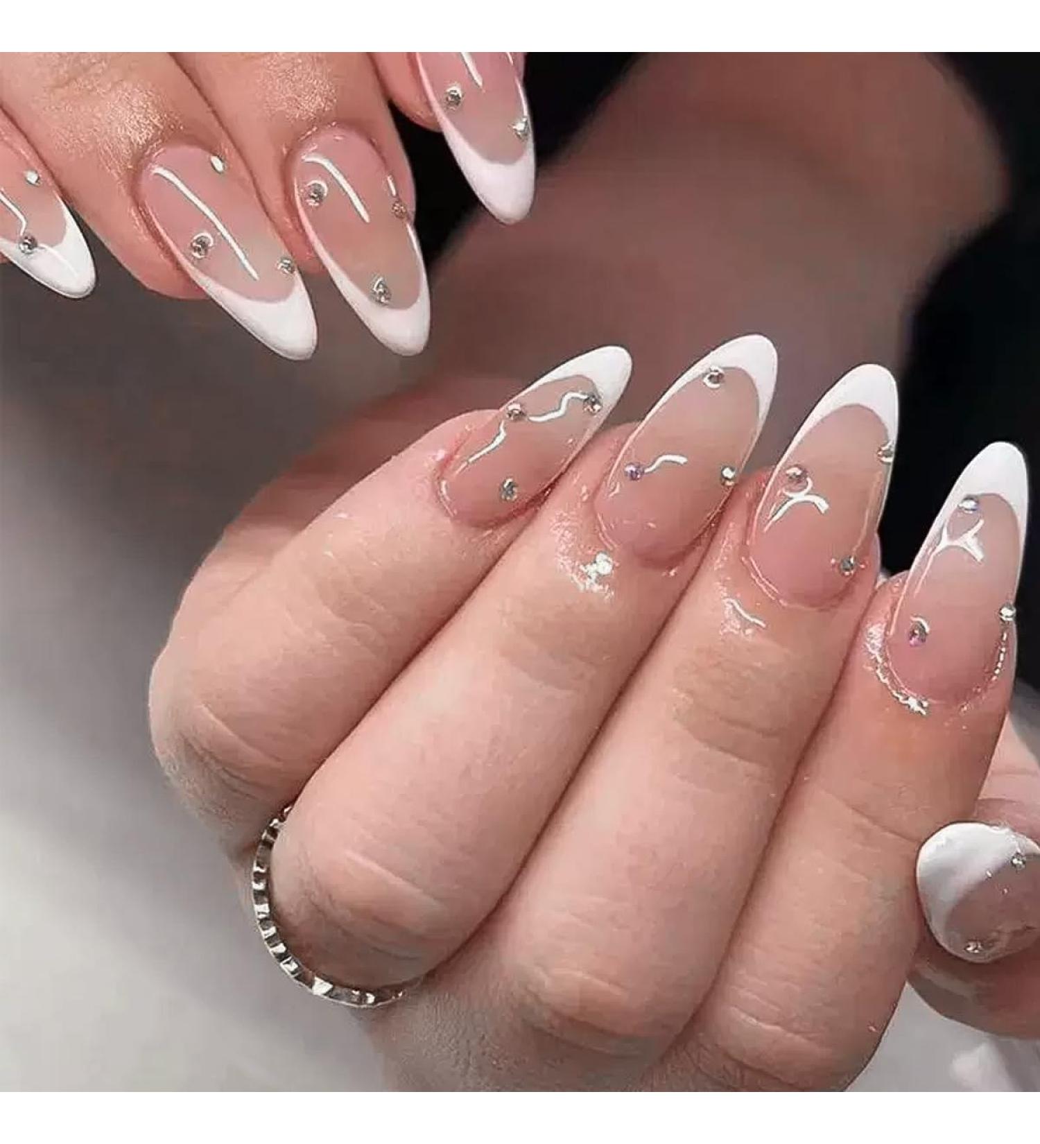 Medium length simple French white dot diamond sparkling diamond almond shaped false nails French Tip Press on Nails with Nail Tips Acrylic False Nails Cute Artificial Nails for Women and Girls - Buy Online on GoSupps.com