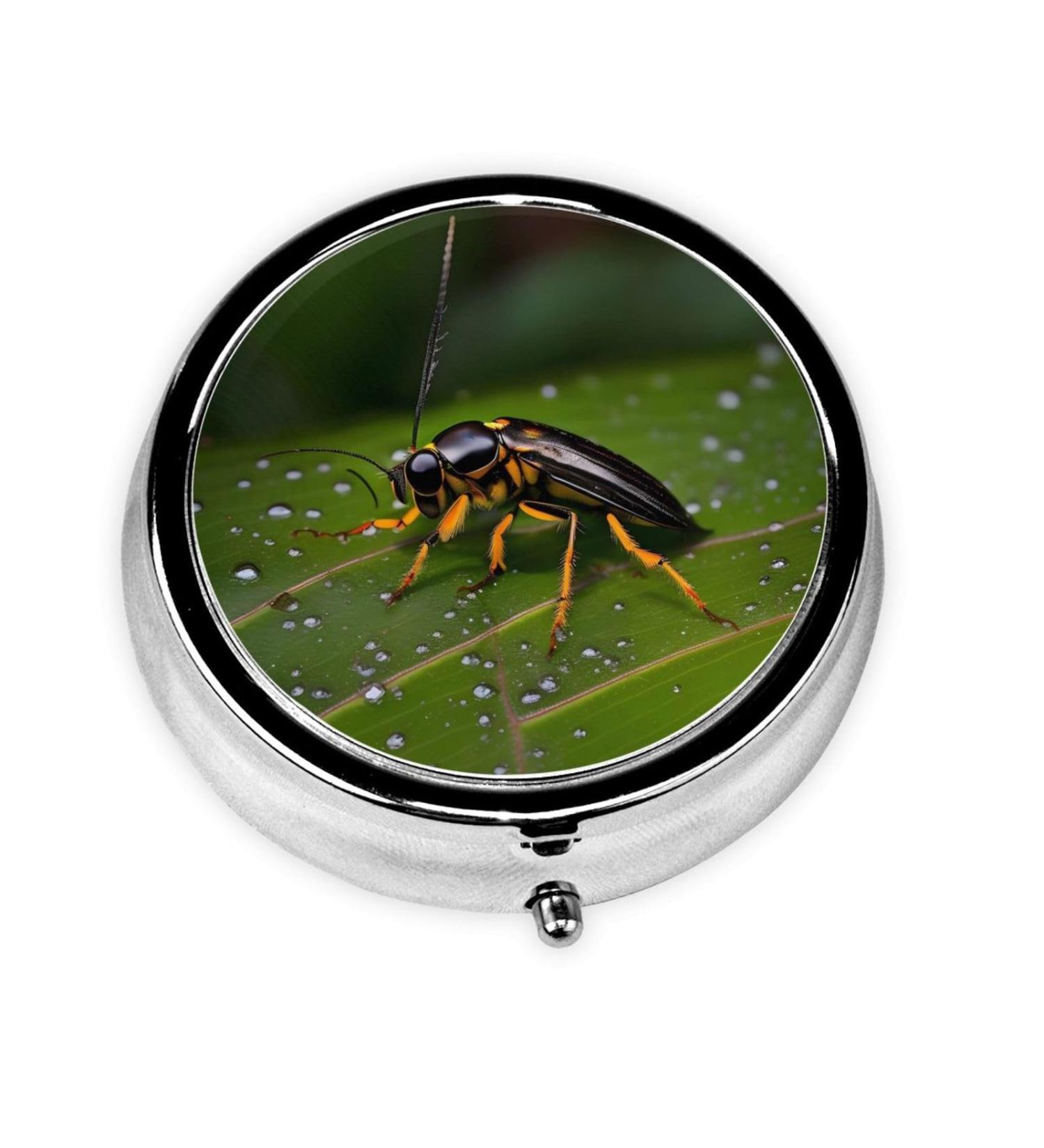 Portable Travel Pill Box Organizer - Insects on Leaves Design 3 Compartment Round Pill Box for International Shipping - Buy Online on GoSupps.com