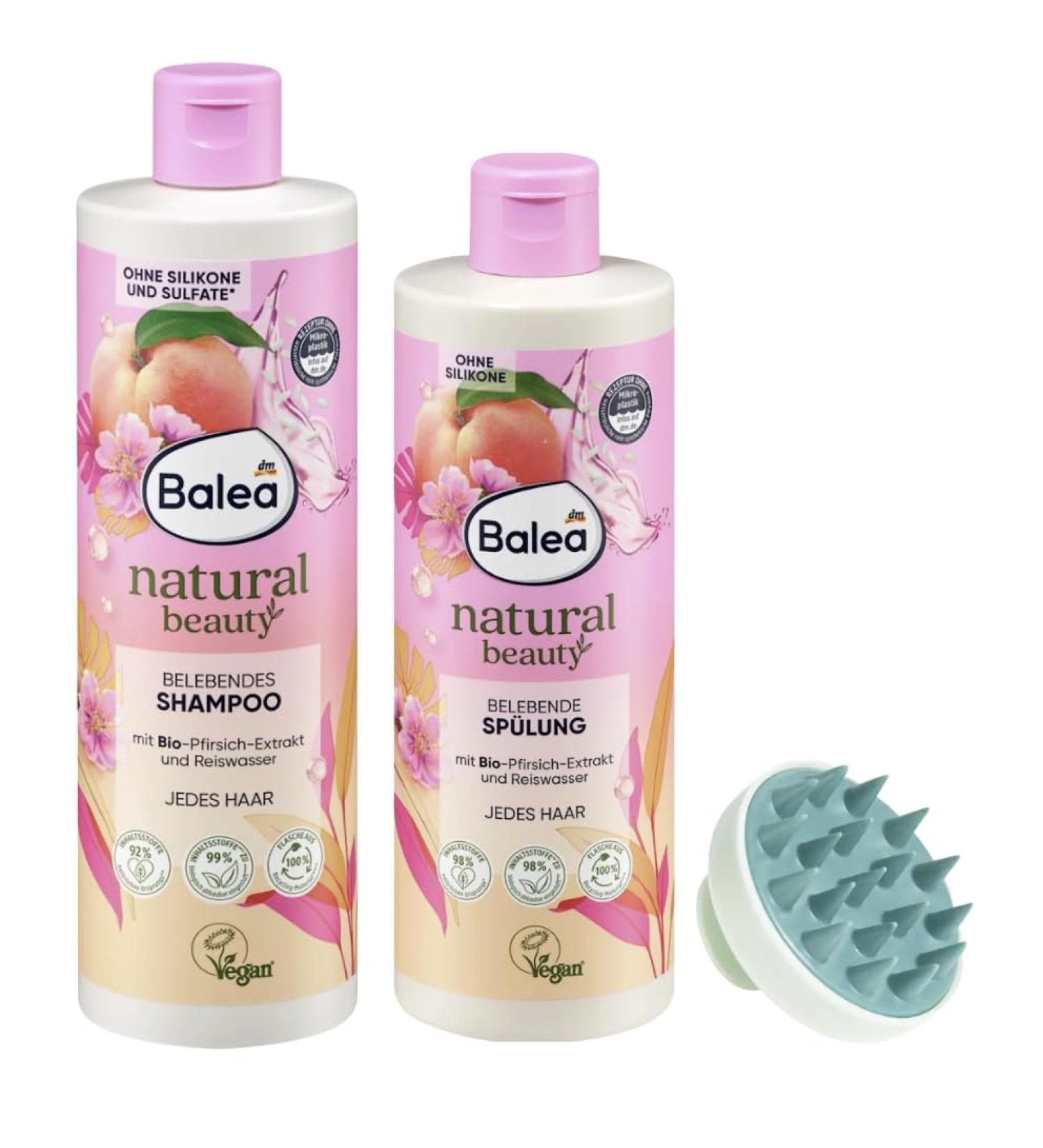 Whale Balea Natural Beauty Invigorating shampoo & conditioner set with organic peach extract and rice water + scalp massage brush for hair growth and blood circulation - Buy Online on GoSupps.com