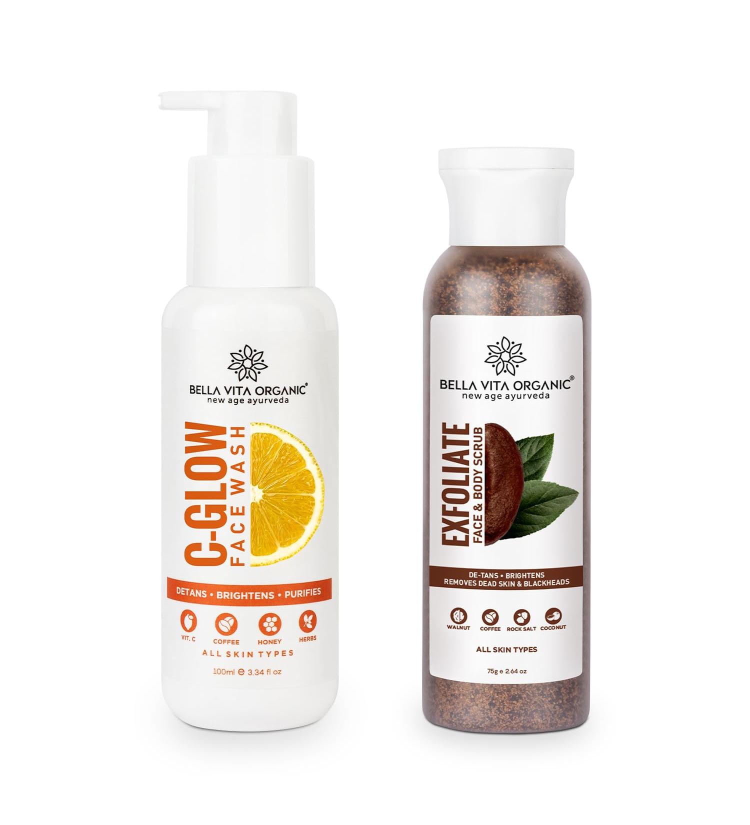 Buy Bella Vita Organic Natural Skin Brightening Combo - Exfoliate Body & Face Scrub Grit + Vitamin C Glow Face Wash | Best for Radiant Skin - International Shipping - Buy Online on GoSupps.com