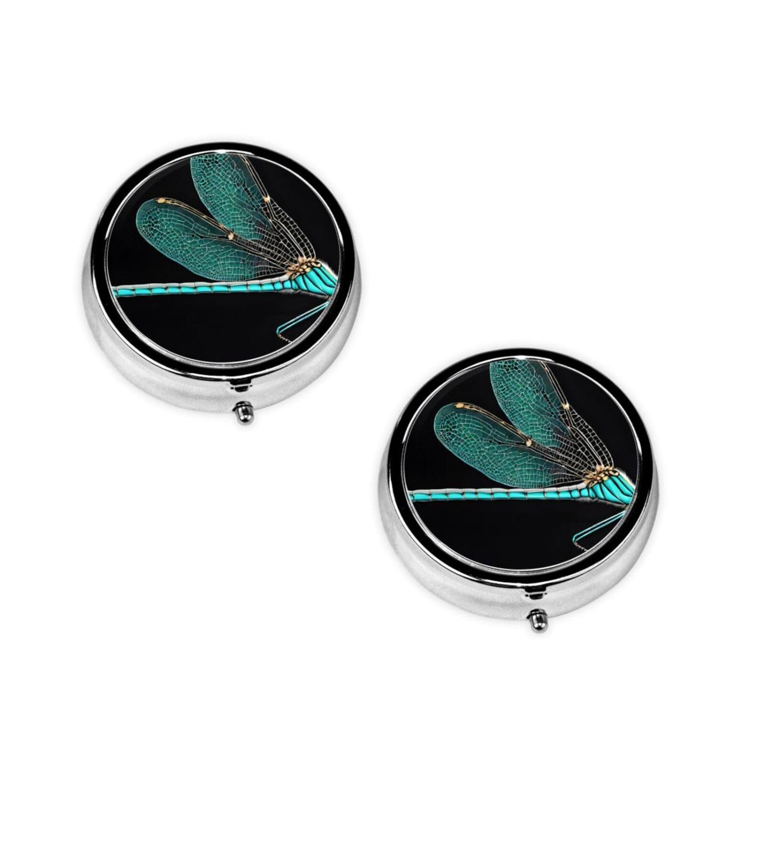Dragonfly Black Printed Mini Round Pill Box | 3 Compartment Medicine Organizer | Portable Travel Pill Case for Home & Office - Buy Online on GoSupps.com