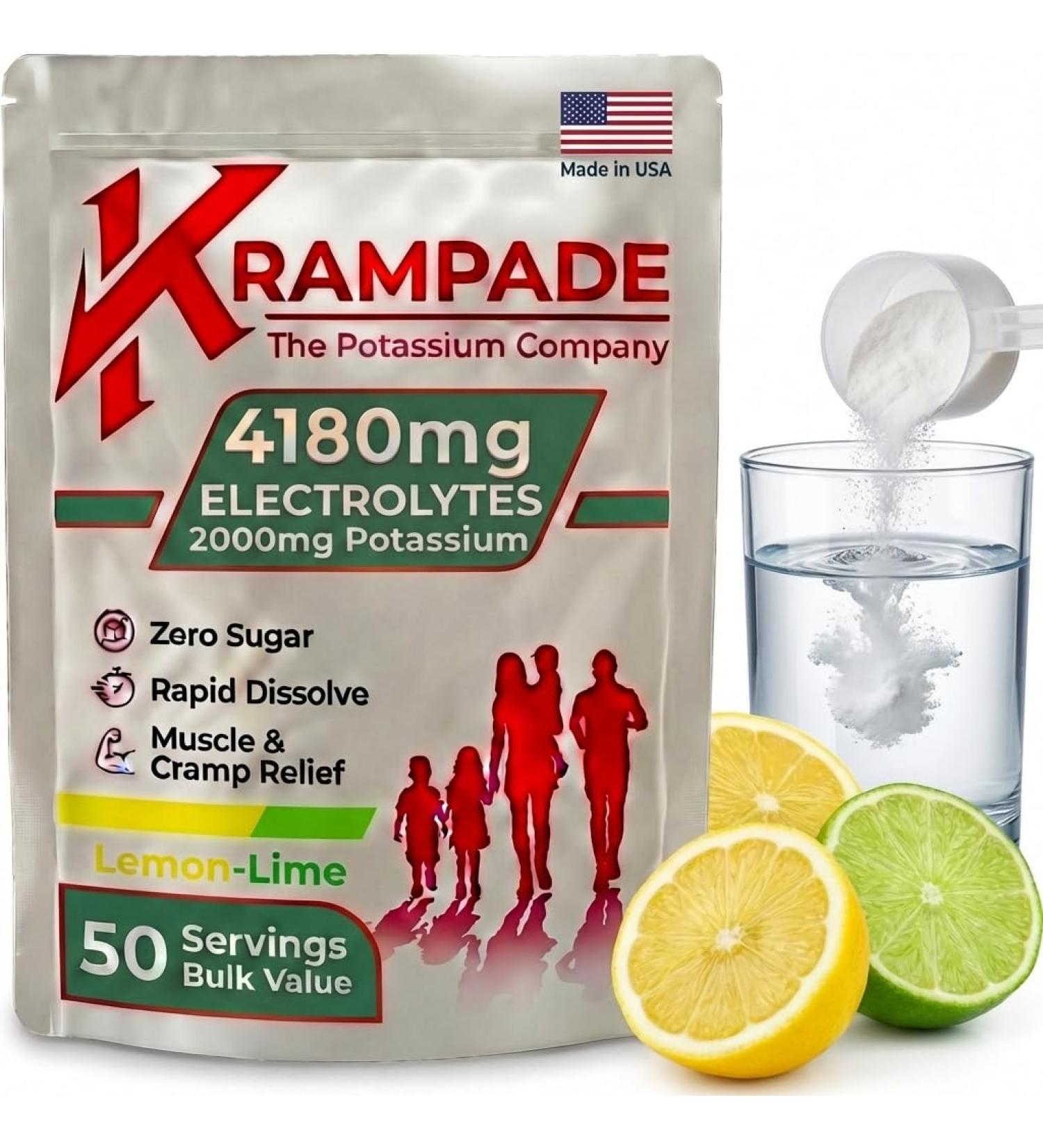 Krampade High Potassium Electrolytes Powder Zero Sugar Lemon Lime 4180mg Electrolytes 2000mg Potassium Cramp Relief & Prevention Cellular Hydration Better Endurance & Recovery Keto 50 Servings - Buy Online on GoSupps.com