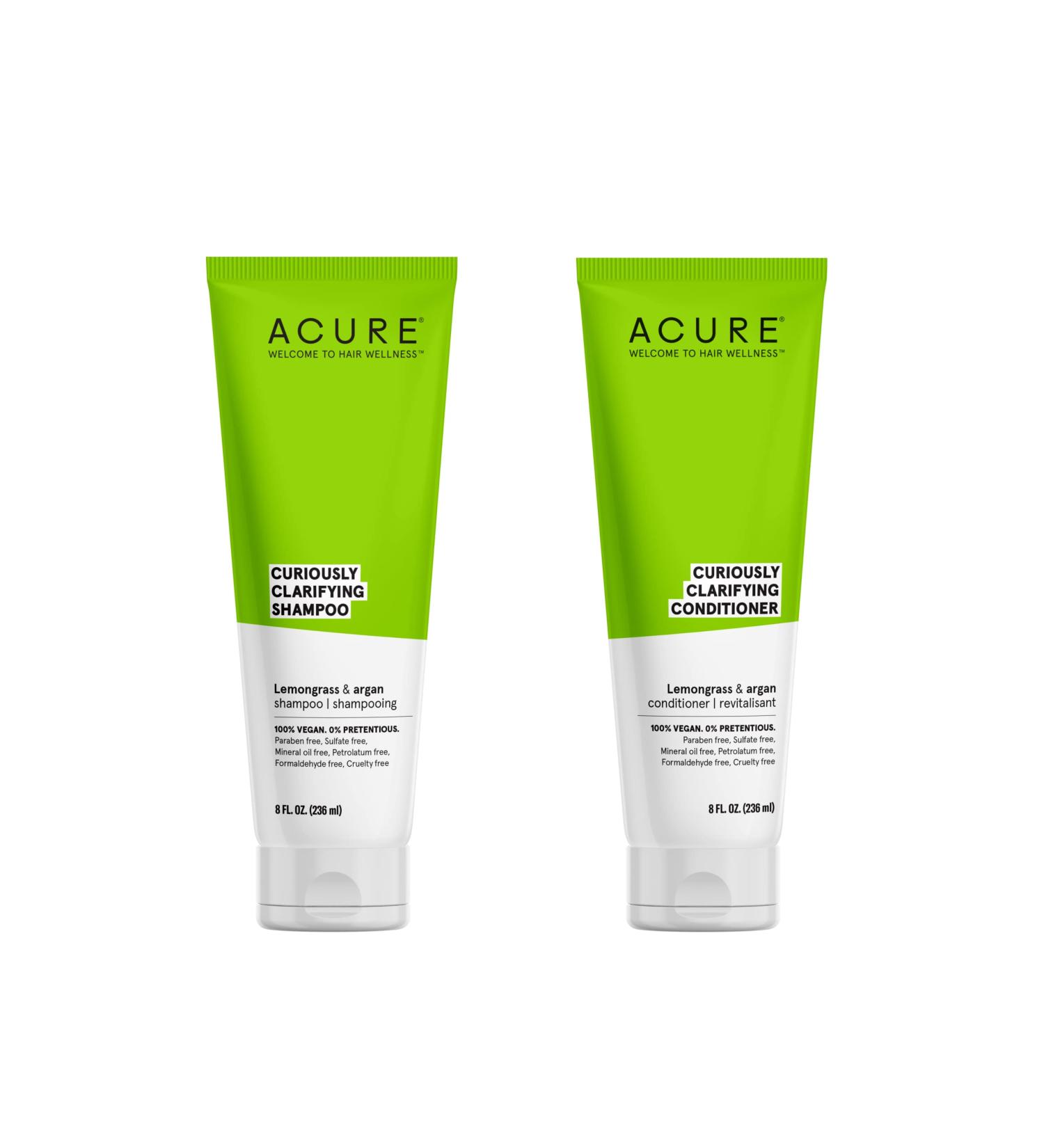 Acure Curiously Clarifying Shampoo & Conditioner Bundle 100% Vegan Lemongrass & Argan Cleanses Removes Buildup Boost Shine & Replenishes Moisture 8 Fl Oz Each