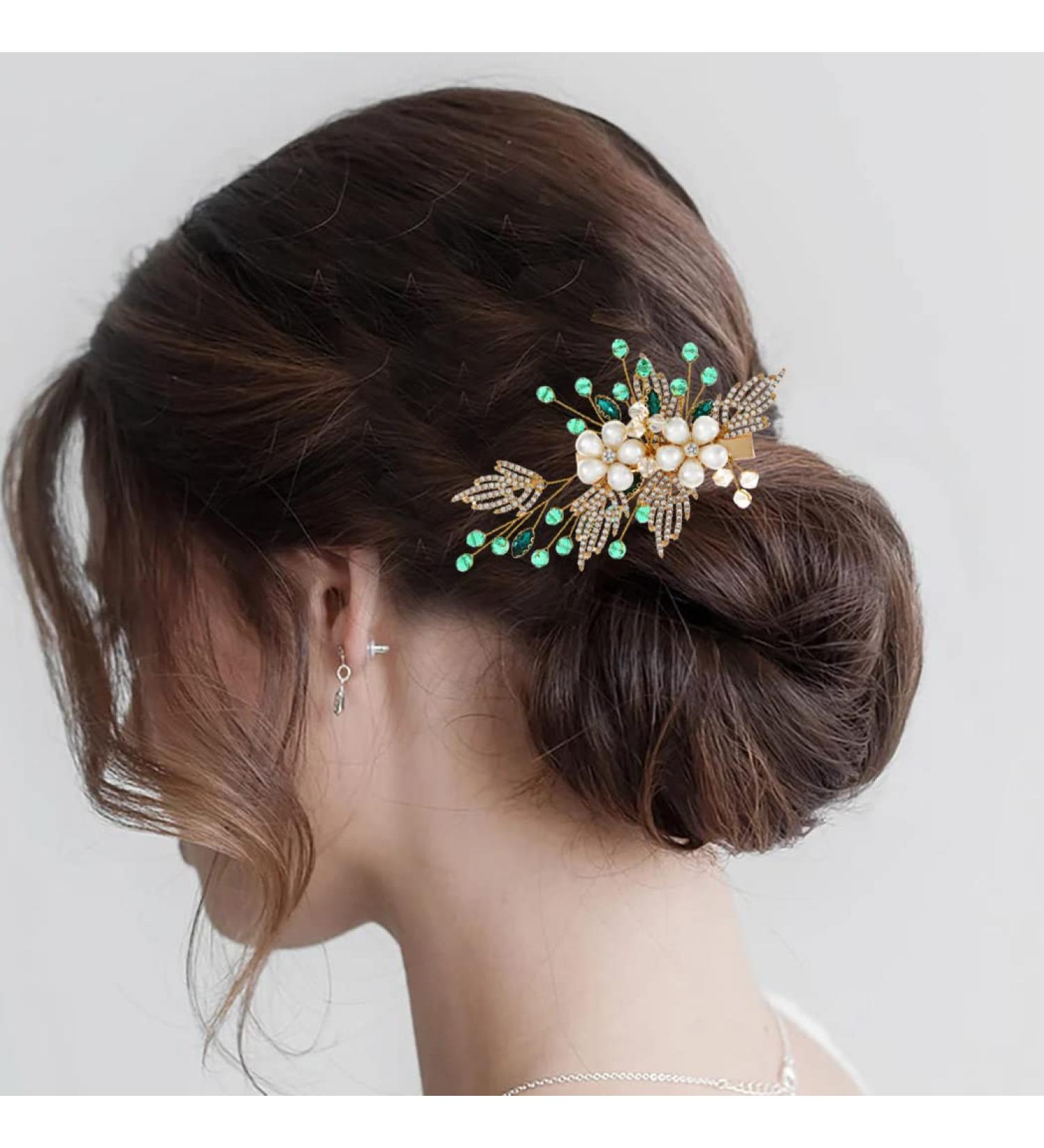 Green Beads Wedding Hair Clips | Gold Pearl Flowers Bride Barrettes - Buy Online on GoSupps.com