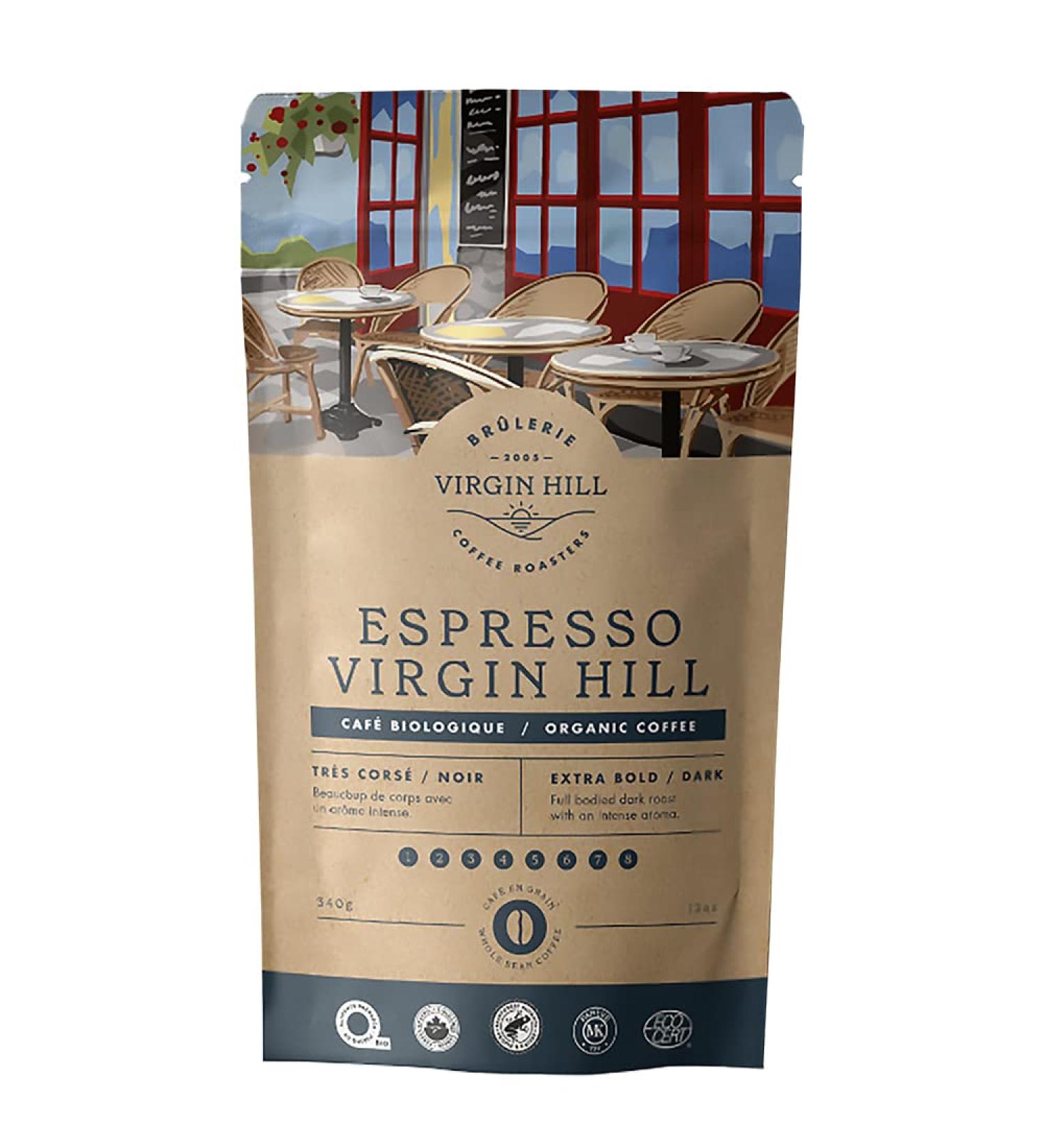 Virgin Hill Coffee - Organic Espresso Virgin Hill - Extra Bold Intensity & Extra Dark Roast - Three Quarters of a Pound of High-Grade Coffee Beans - 12oz / 340 grams Whole Bean 12oz. / 340 grams - Buy Online on GoSupps.com