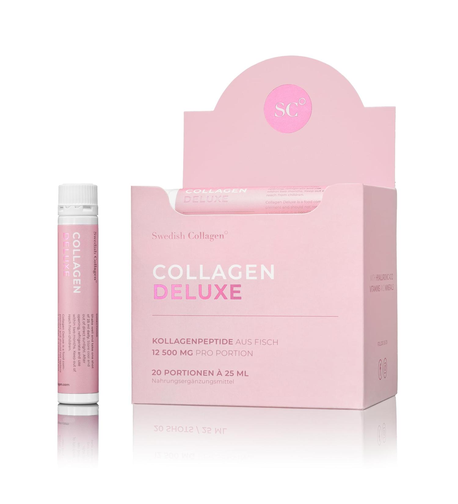 Swedish Collagen Deluxe Shots - 12 500 mg Liquid Collagen with Hyaluronic Acid | Hair Skin & Nails Supplement | 20x25ml - Buy Online on GoSupps.com